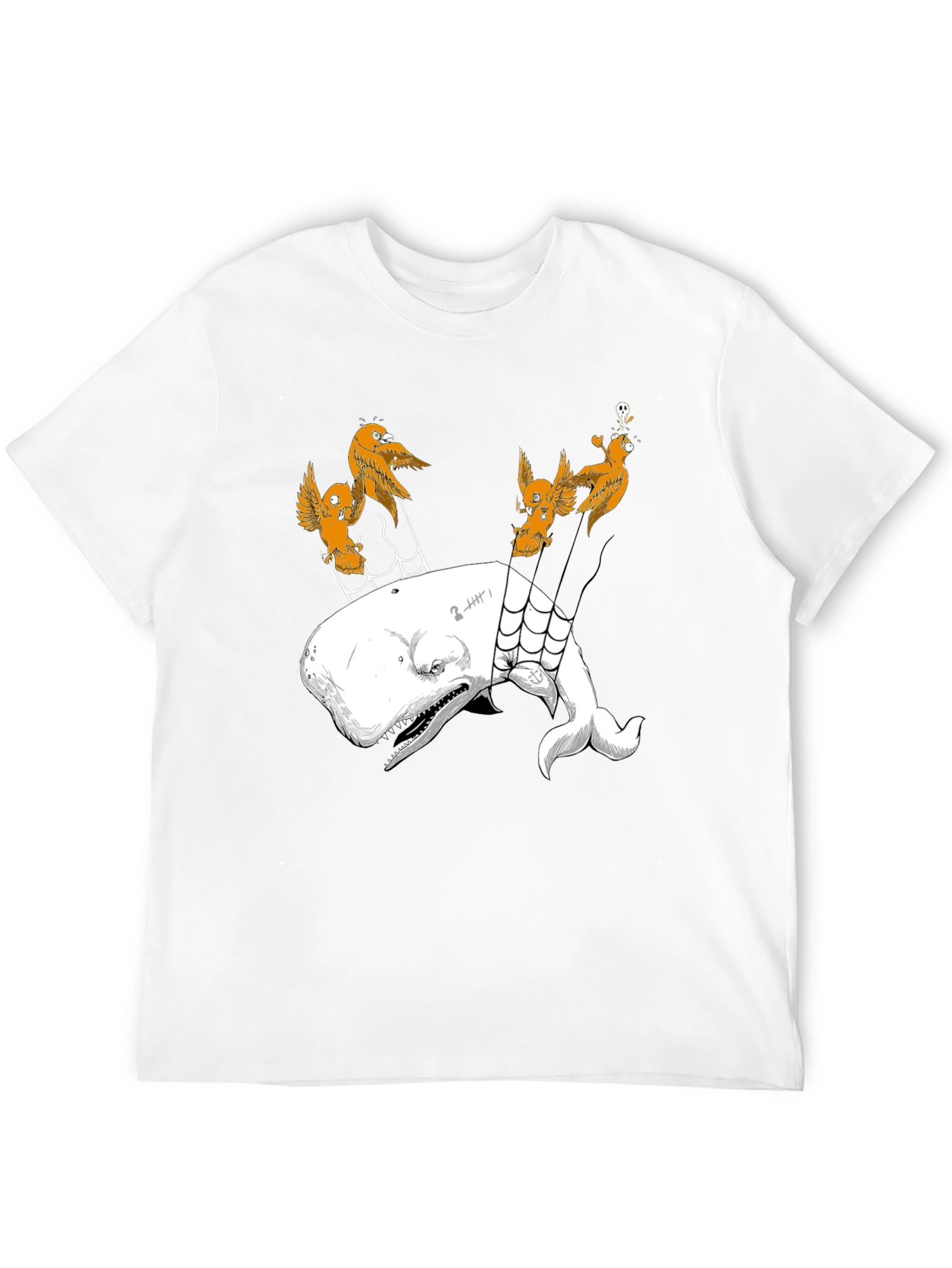 Whale and Birds Graphic Print Black Tee