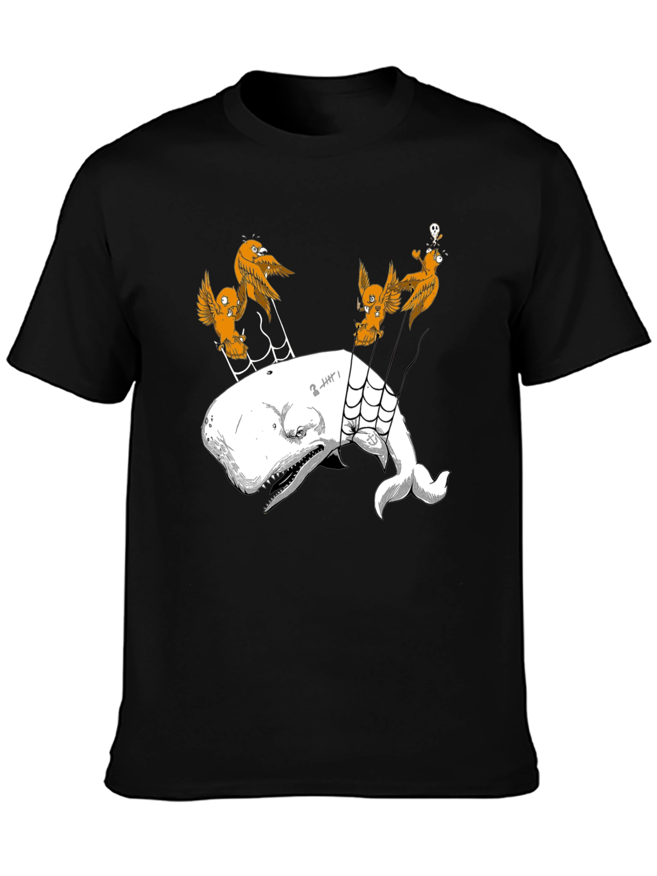 Whale and Birds Graphic Print Black Tee