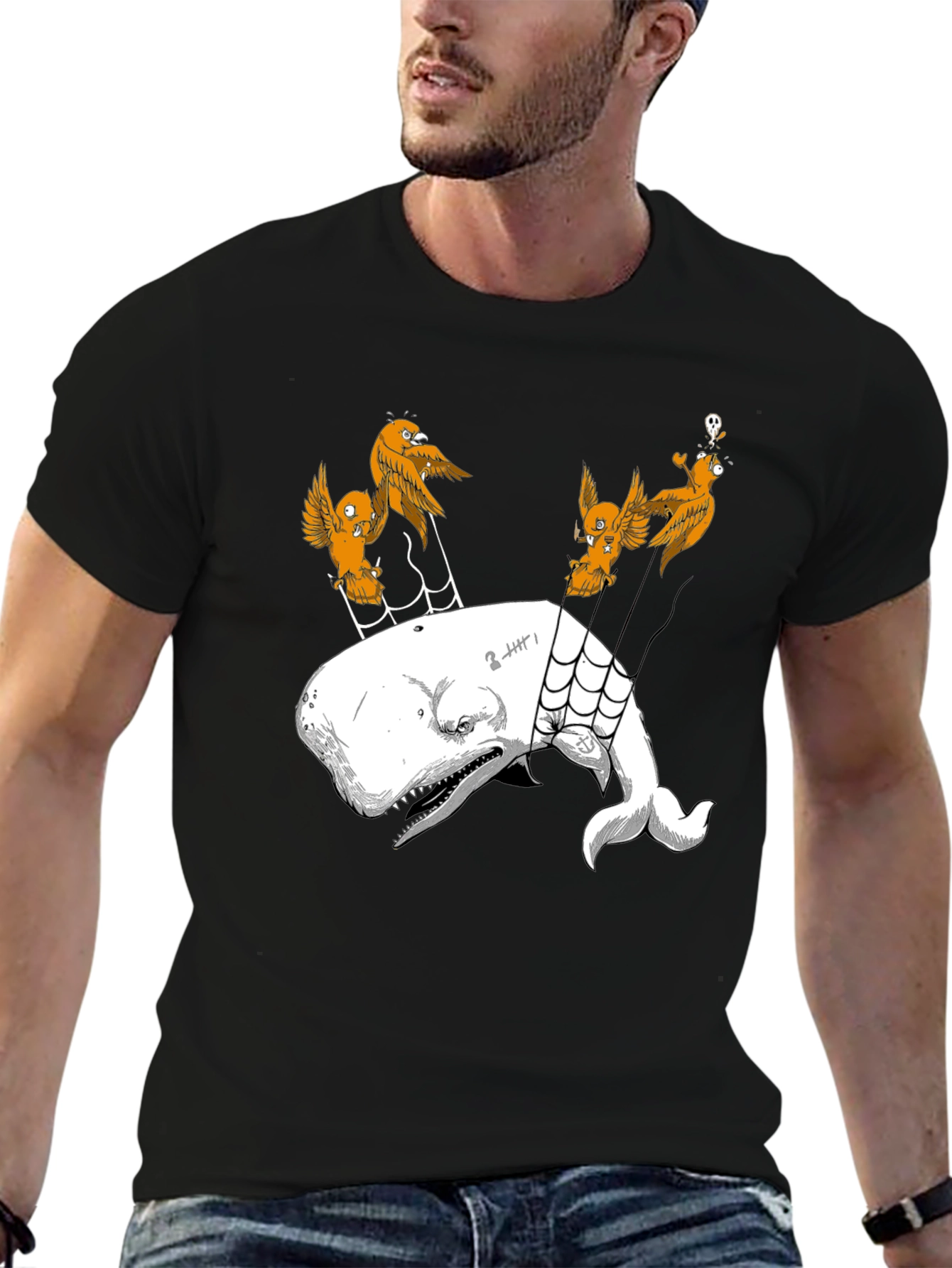 Whale and Birds Graphic Print Black Tee