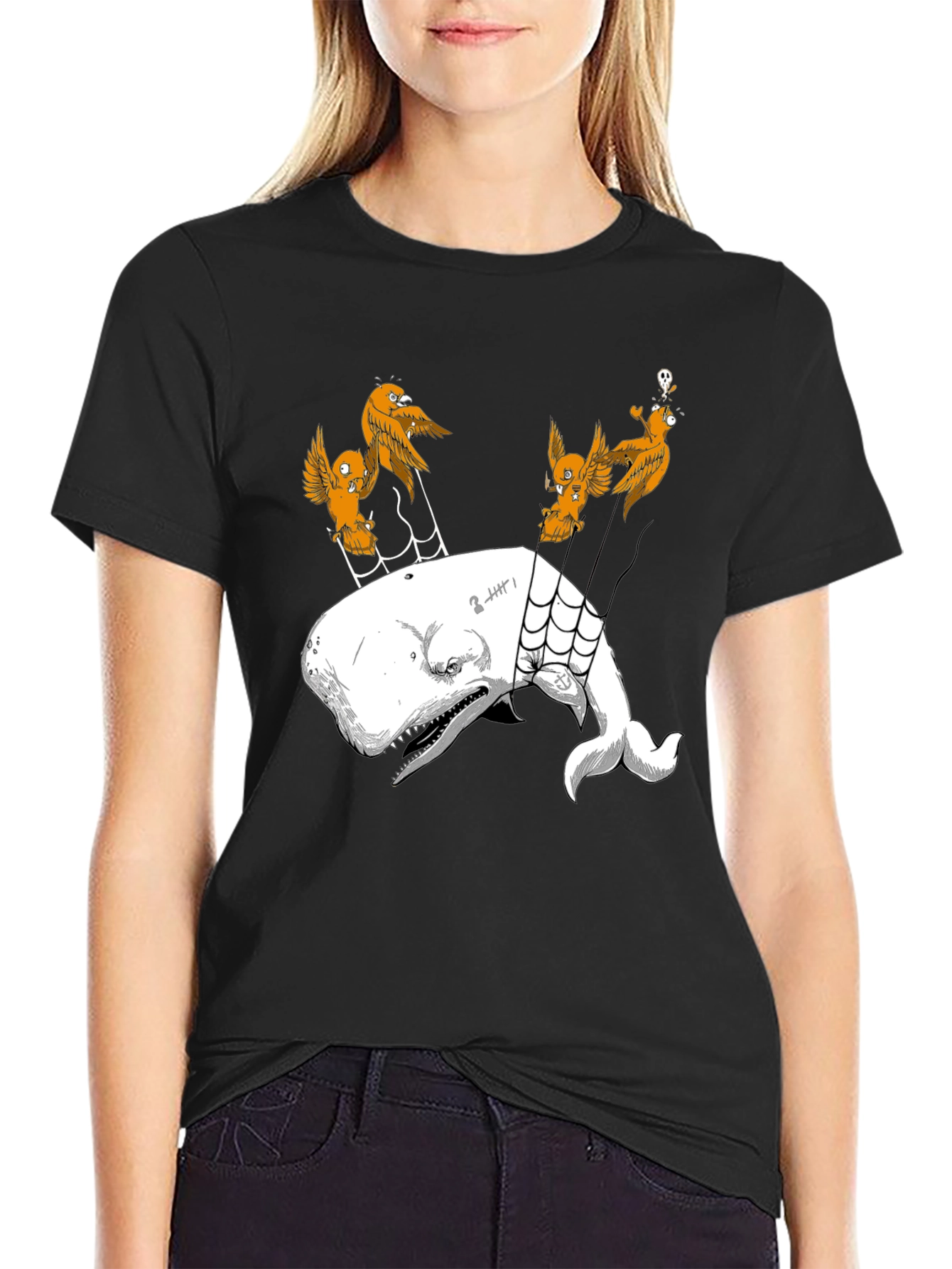 Whale and Birds Graphic Print Black Tee
