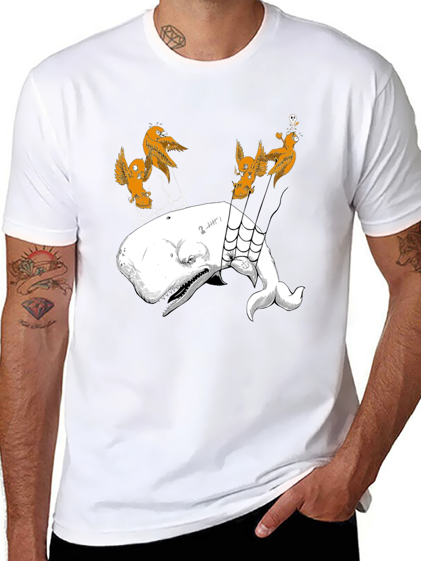 Whale and Birds Graphic Print Black Tee