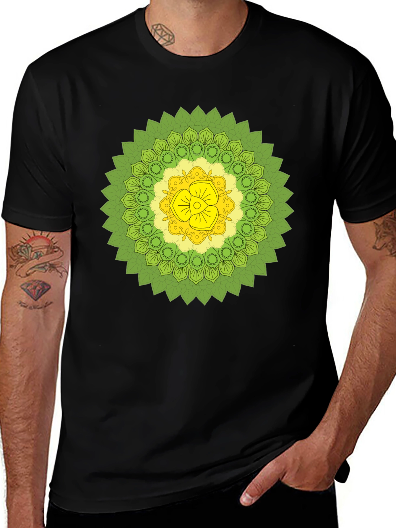 Black Tee with Green & Yellow Mandala