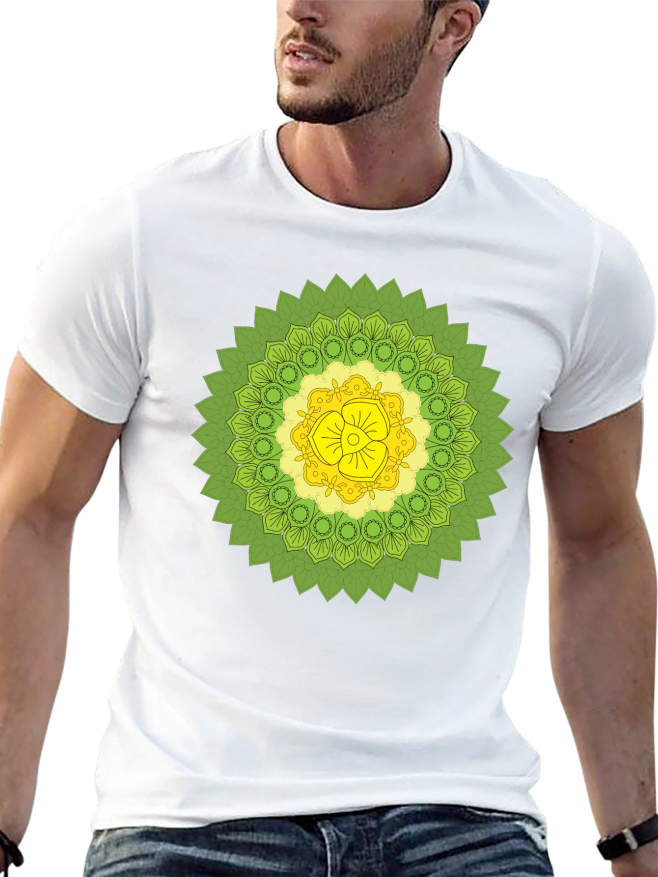 Black Tee with Green & Yellow Mandala