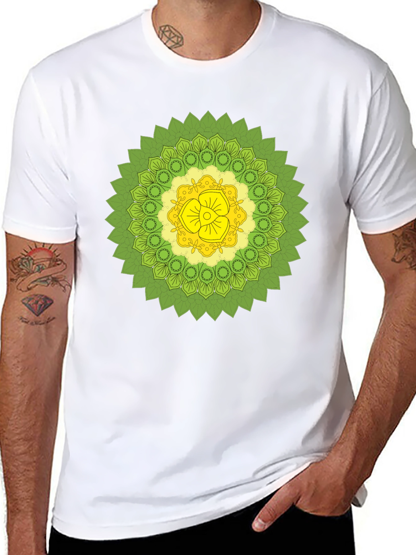 Black Tee with Green & Yellow Mandala