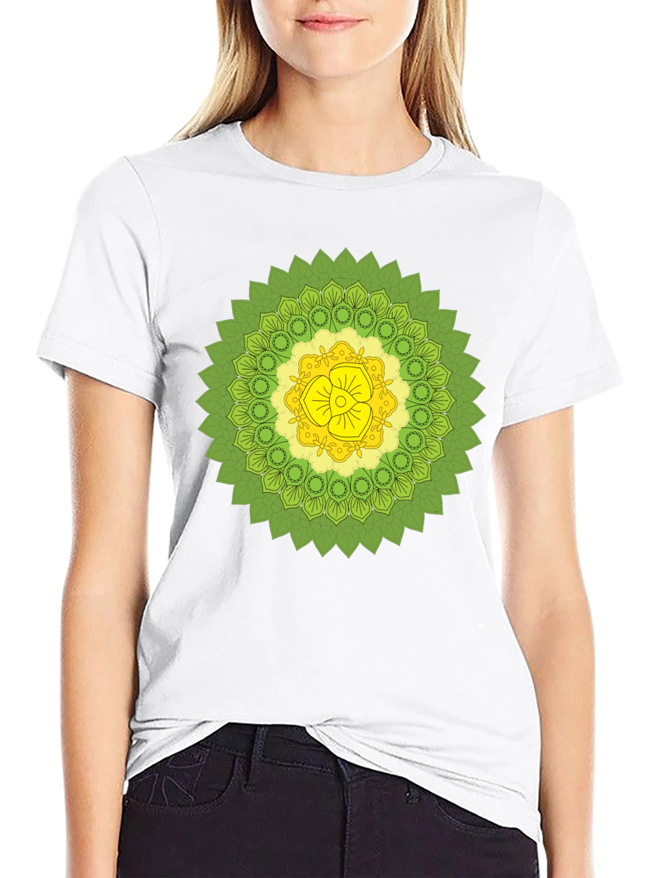 Black Tee with Green & Yellow Mandala