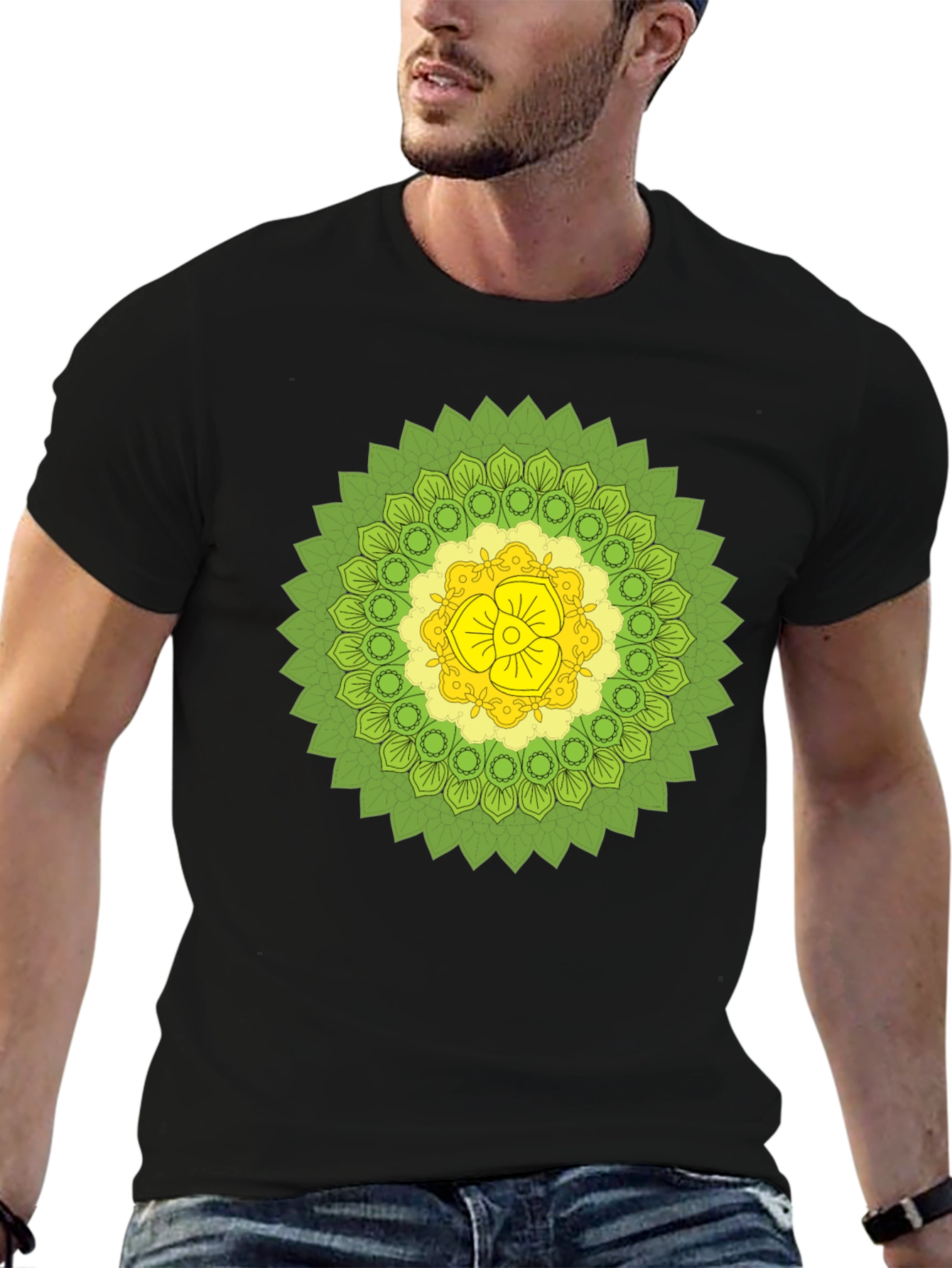 Black Tee with Green & Yellow Mandala