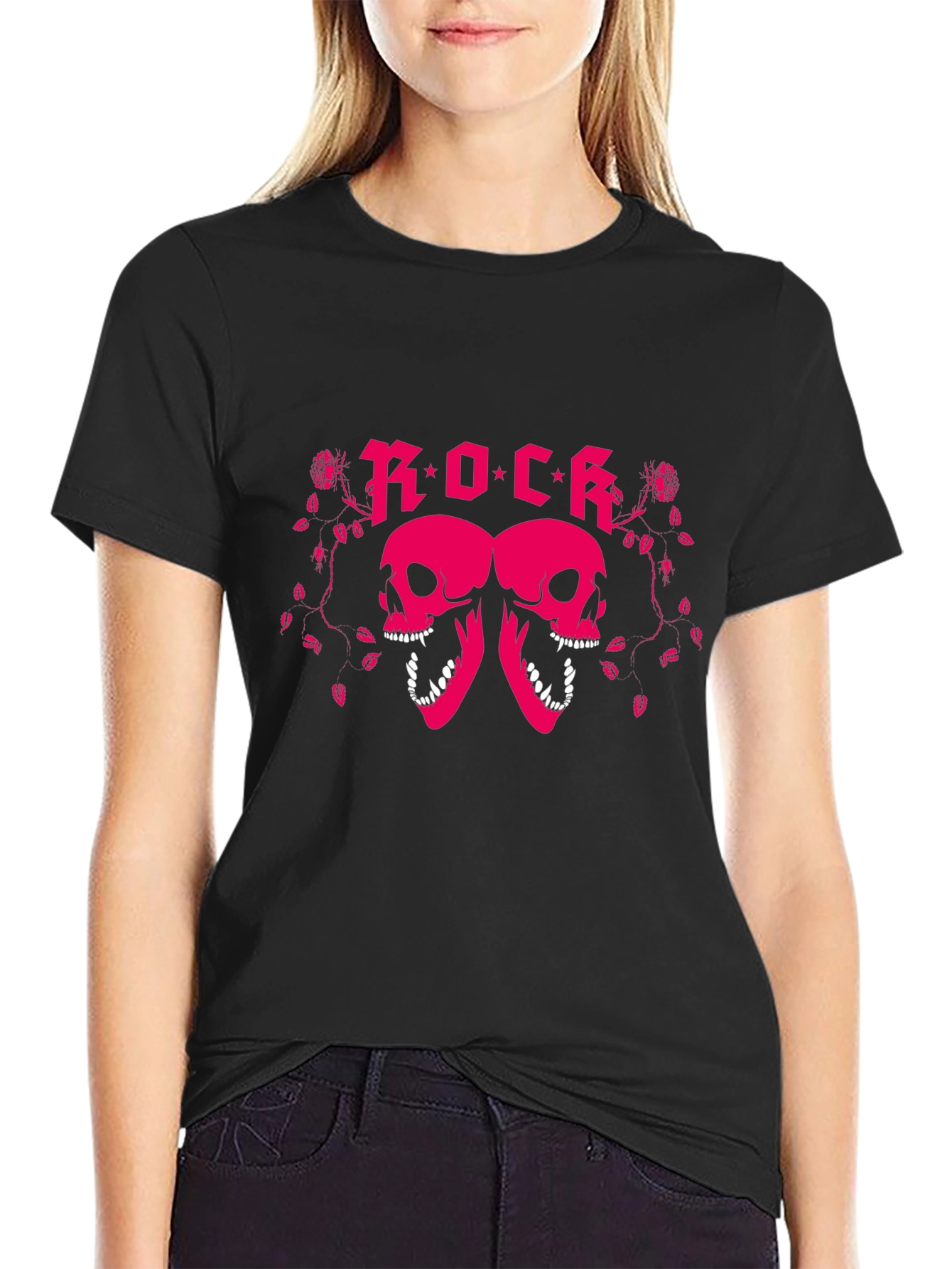 Rock Skull Graphic T-Shirt - Pink Design