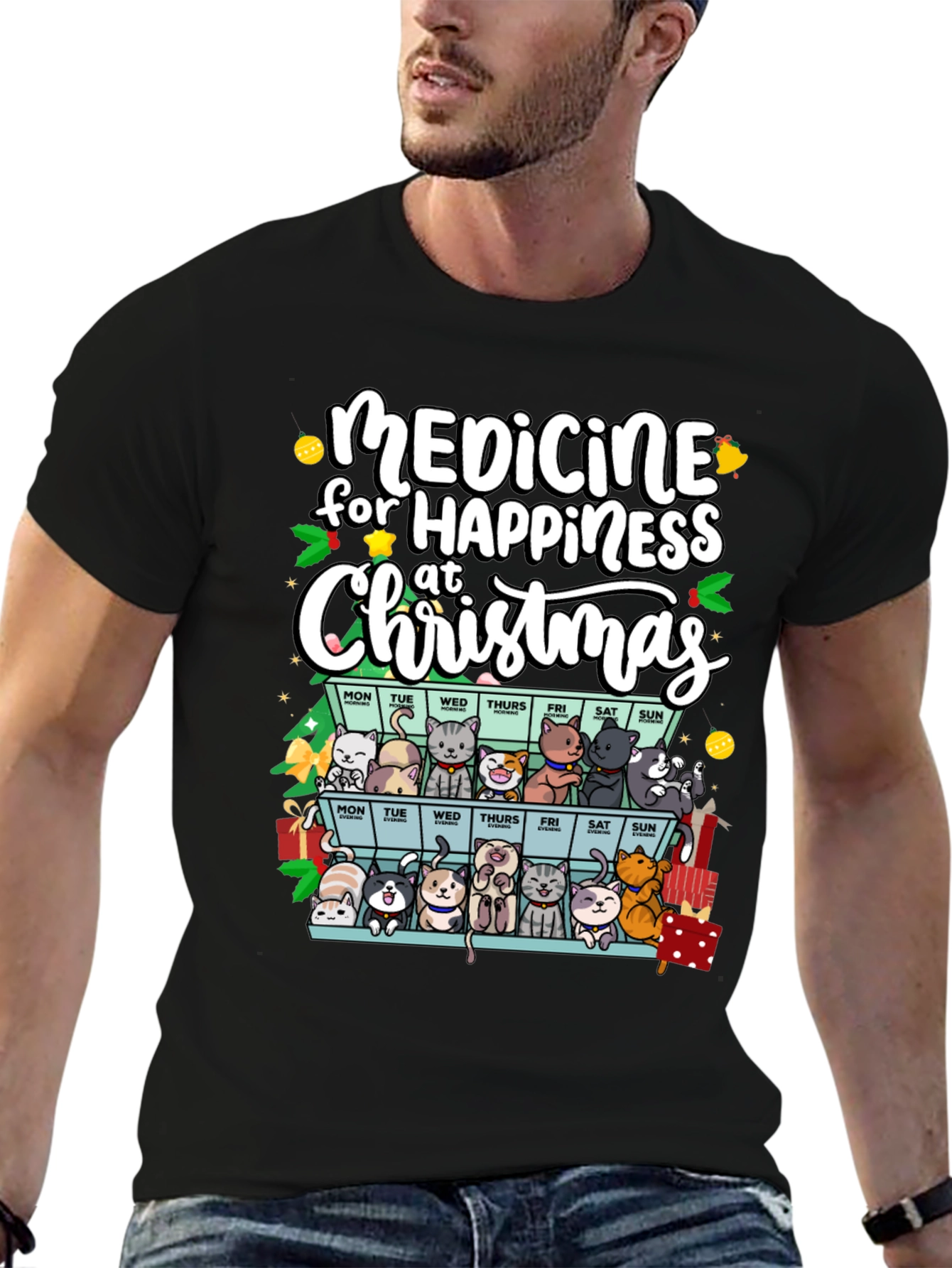 Medicine for Happiness Christmas Cat Lover T-Shirt