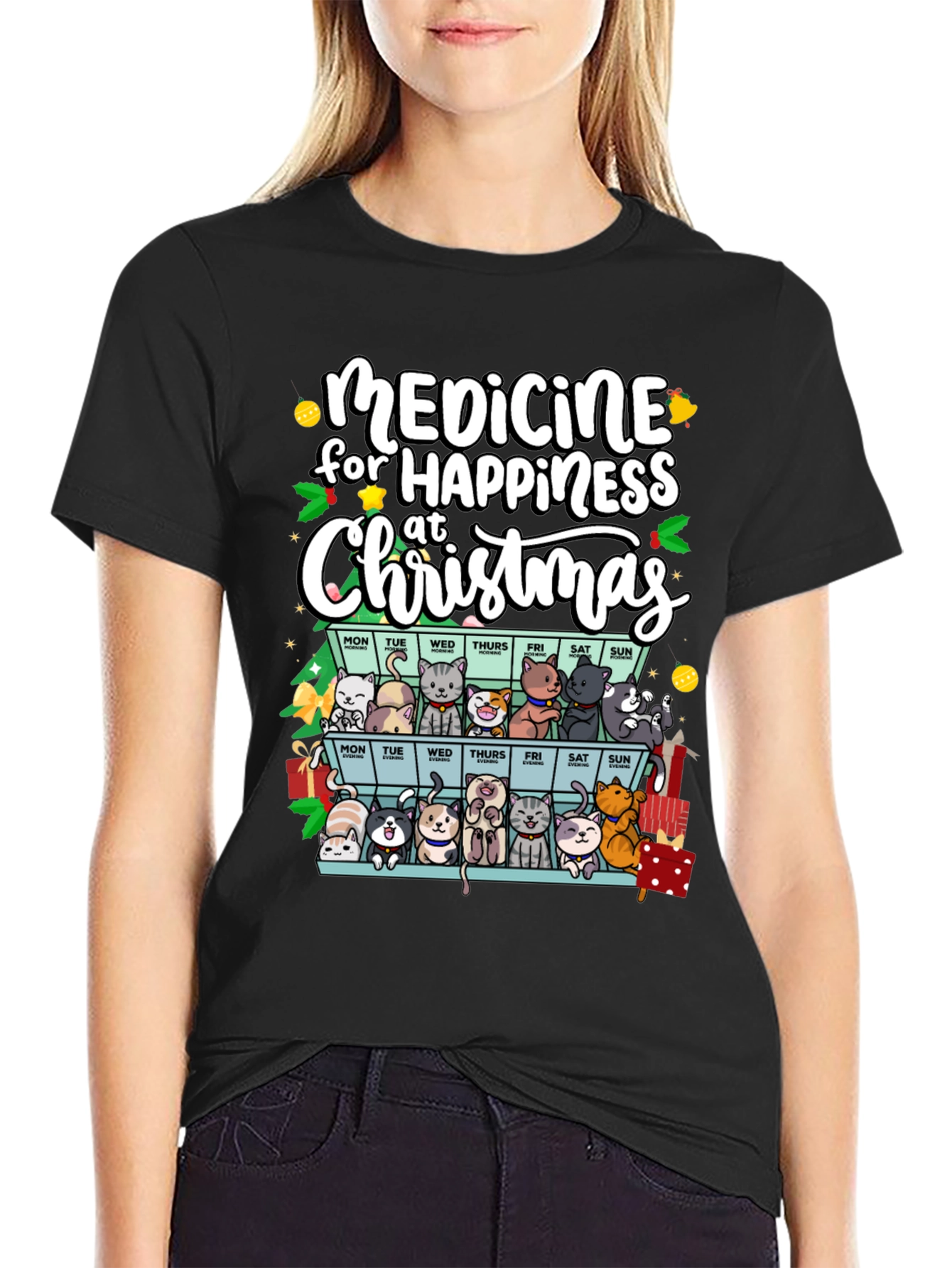 Medicine for Happiness Christmas Cat Lover T-Shirt