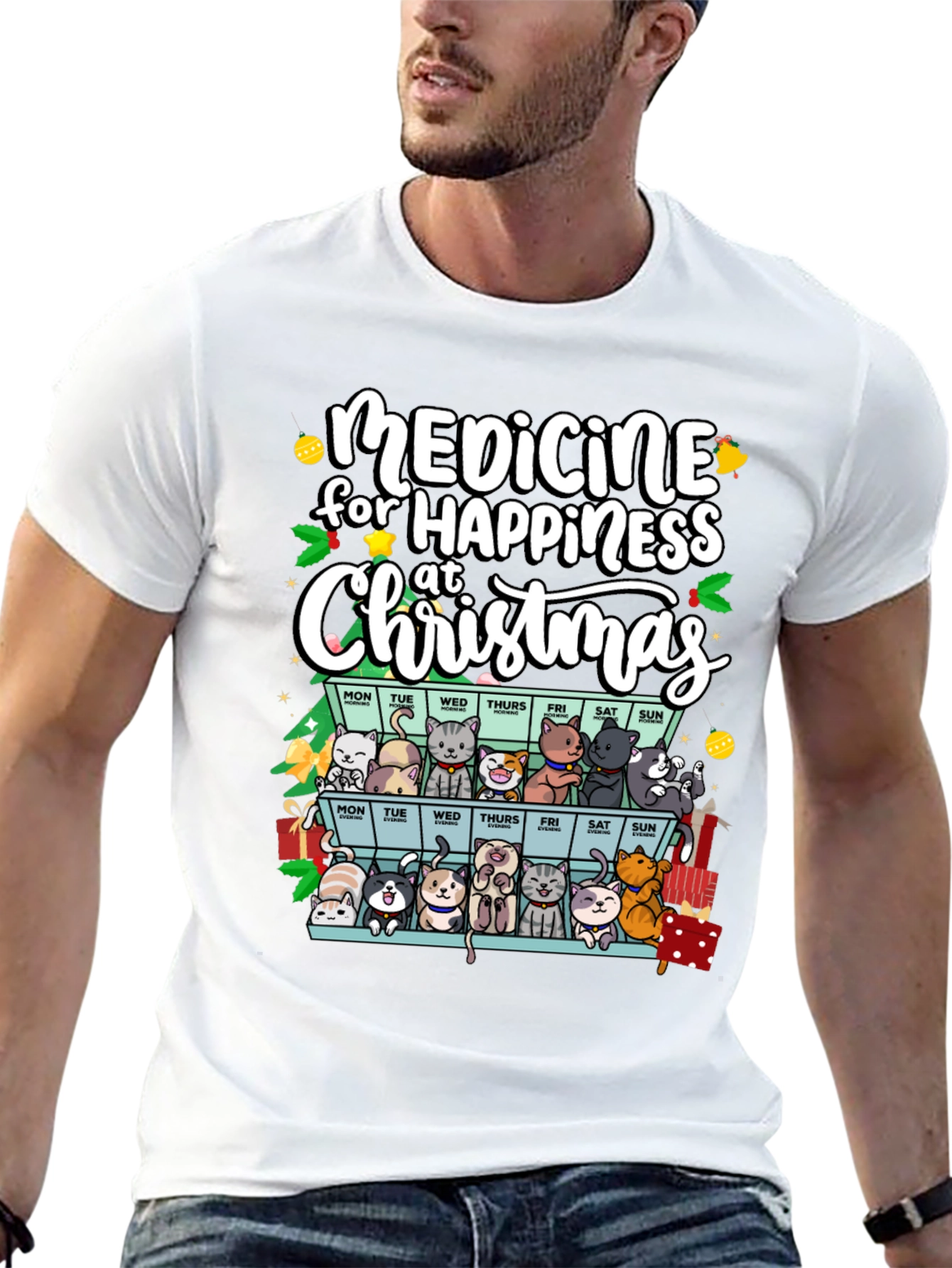 Medicine for Happiness Christmas Cat Lover T-Shirt