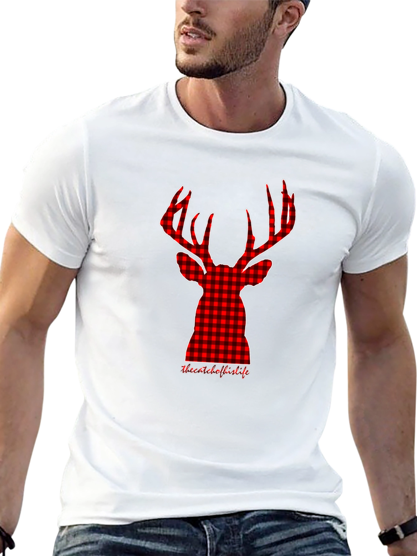 Red Plaid Deer Head Graphic Tee