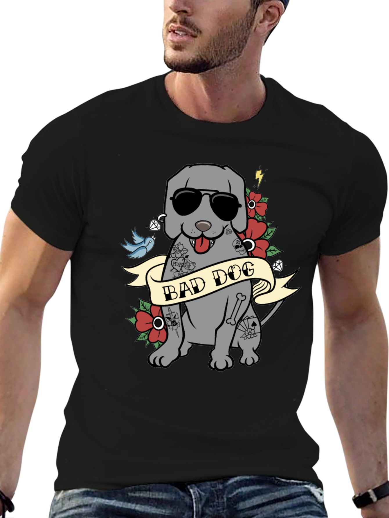 Bad Dog Tattoo Style T-Shirt - Mens Graphic Tee