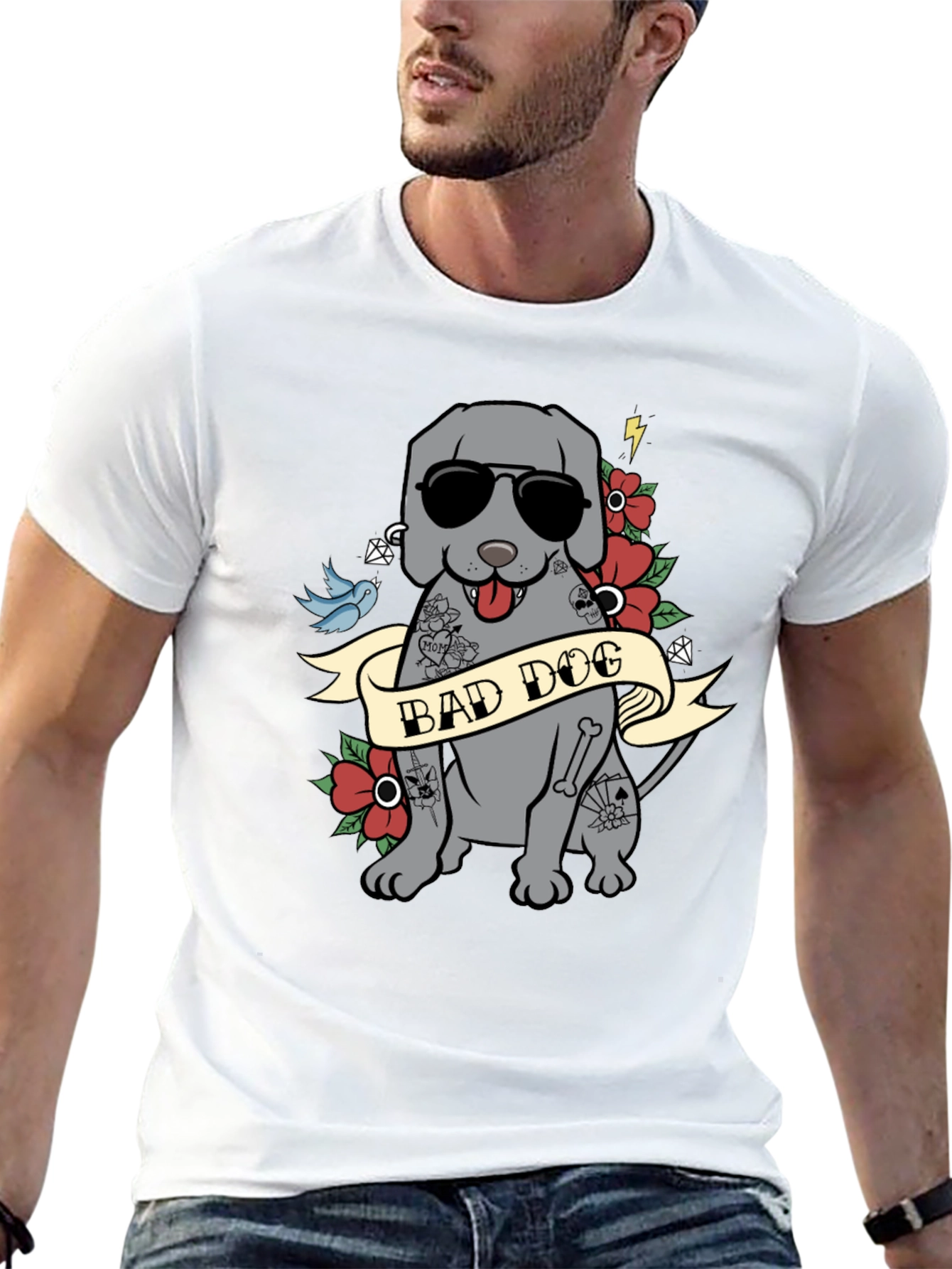 Bad Dog Tattoo Style T-Shirt - Mens Graphic Tee