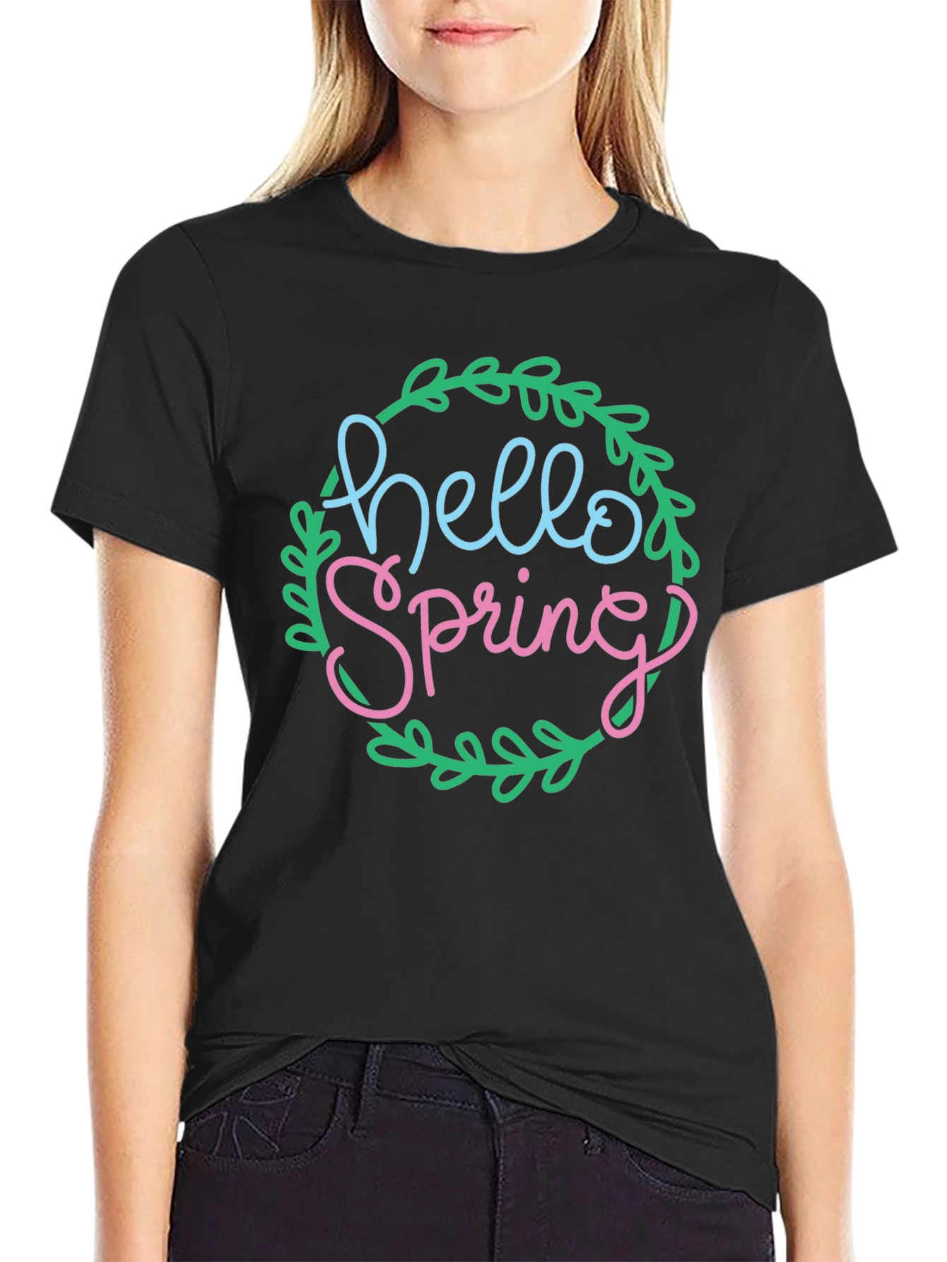 Hello Spring T-Shirt - Black Crew Neck Tee