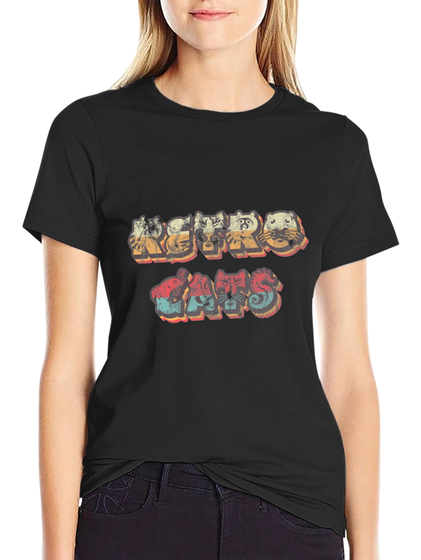 Retro Animal Graphic Print Black T-Shirt