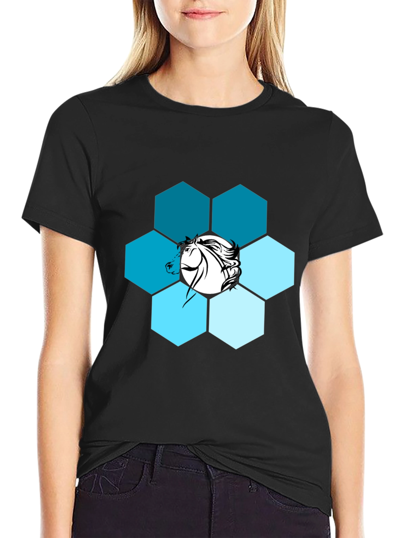 Hexagon Horse Graphic Print Crew Neck T-Shirt