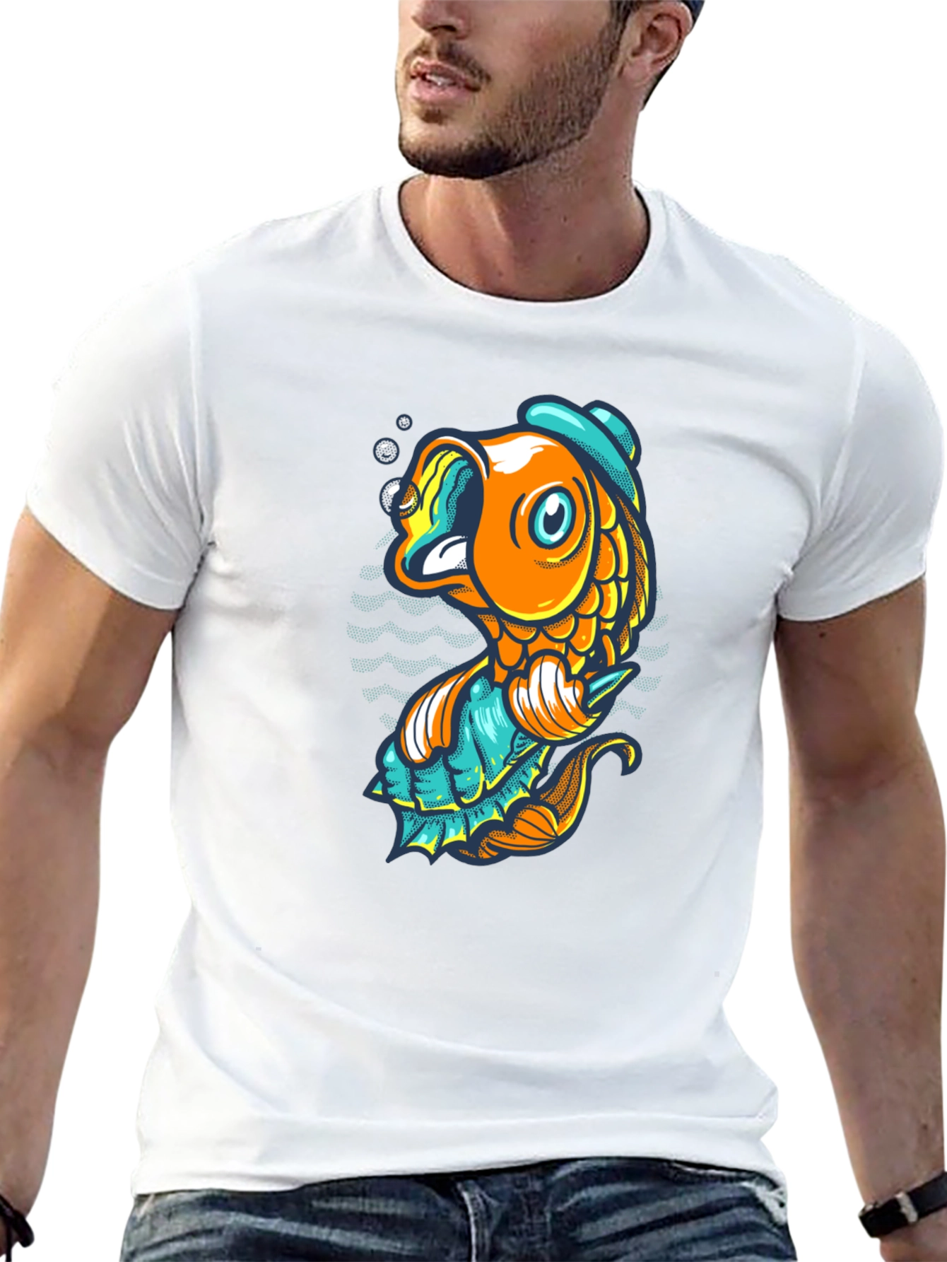 Black T-Shirt with Cartoon Fish Graphic