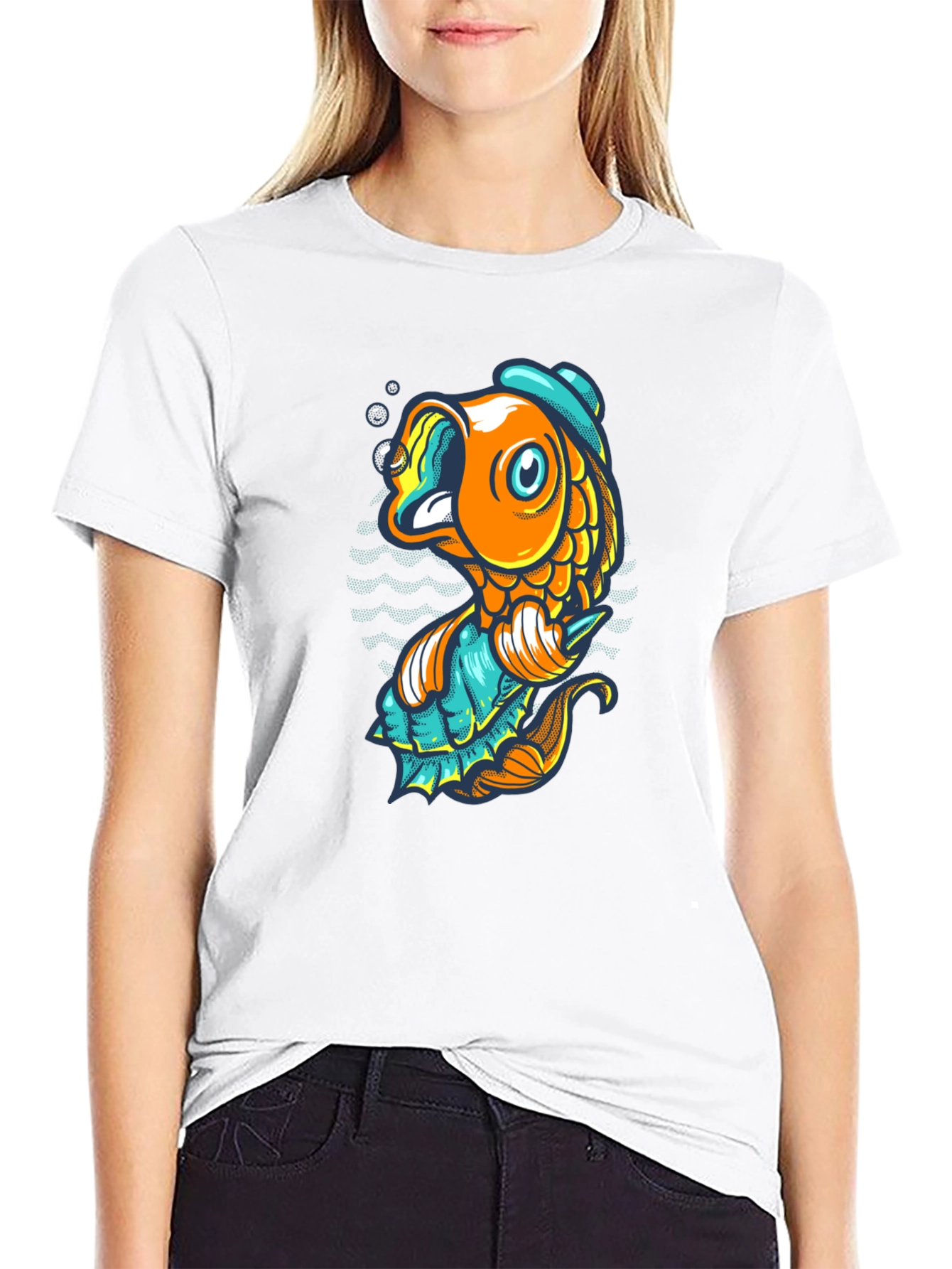 Black T-Shirt with Cartoon Fish Graphic