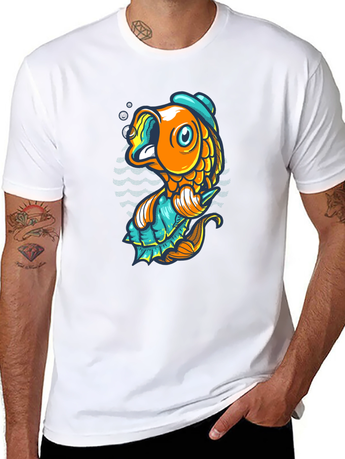Black T-Shirt with Cartoon Fish Graphic