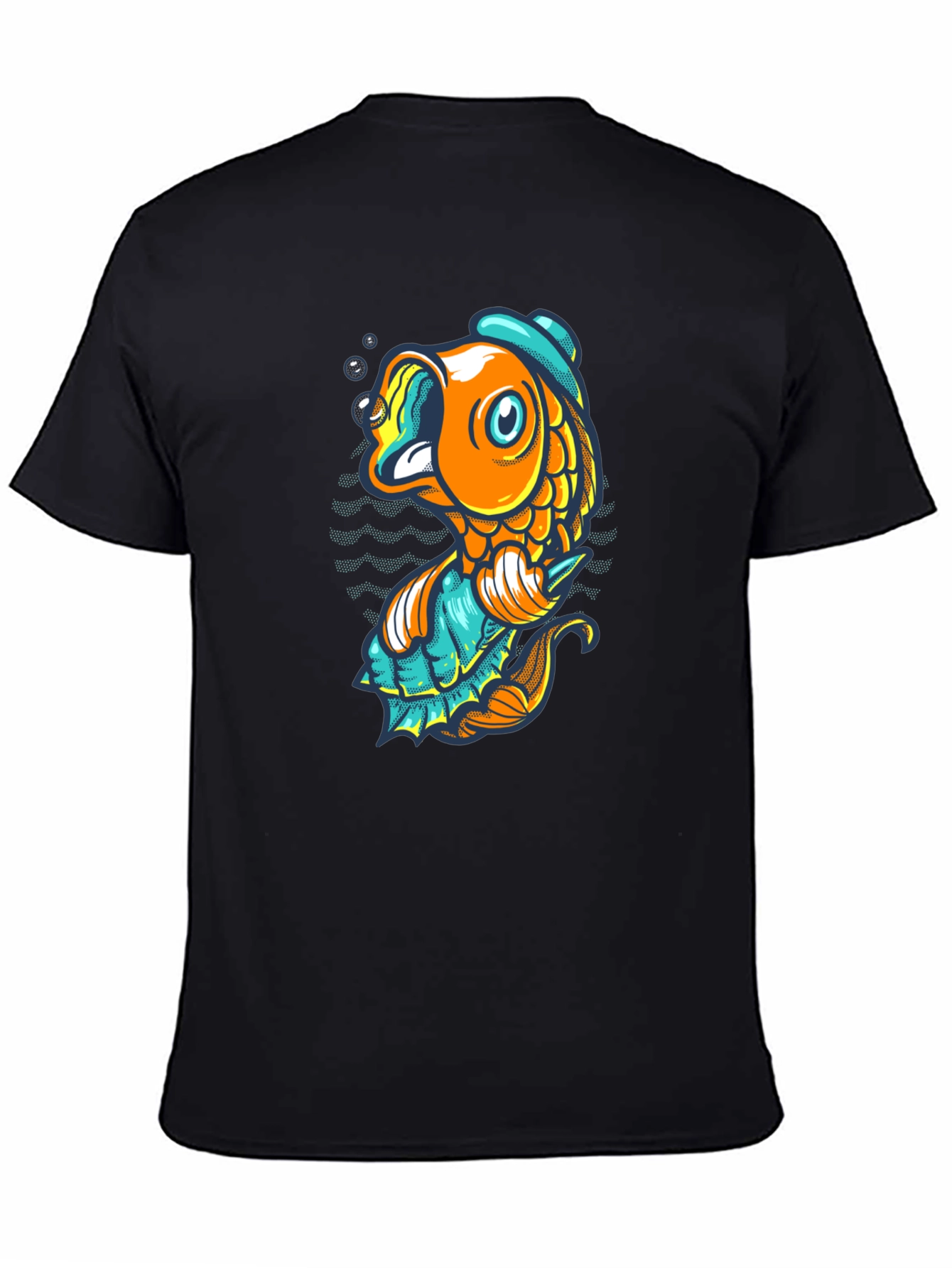 Black T-Shirt with Cartoon Fish Graphic