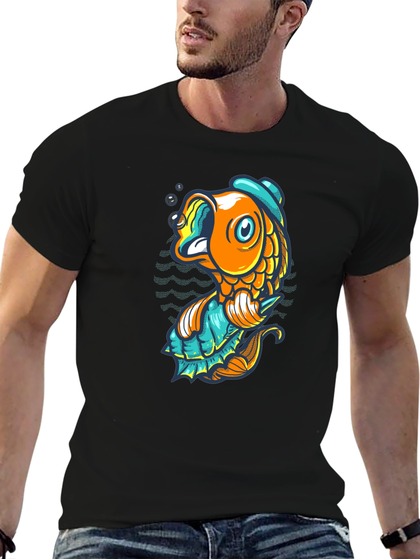 Black T-Shirt with Cartoon Fish Graphic