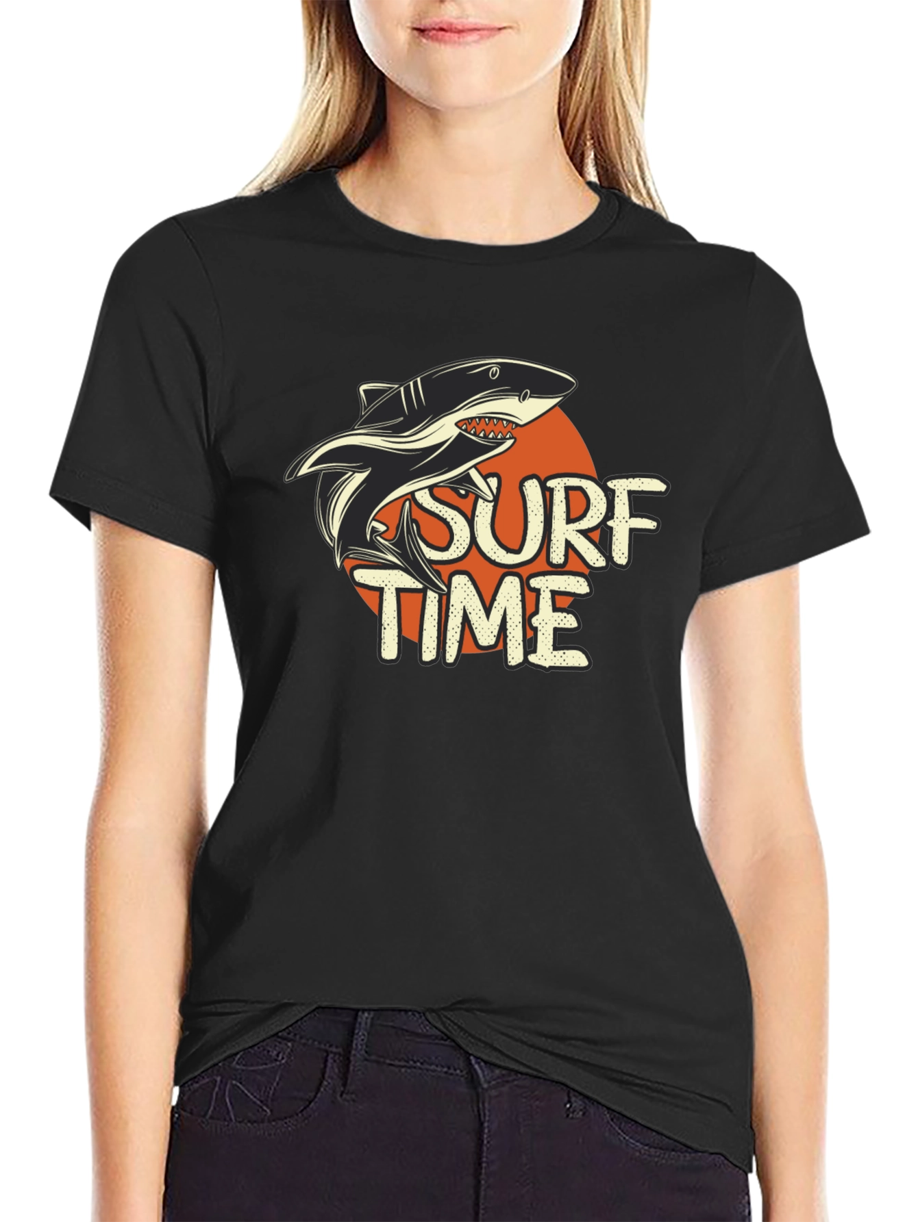 Surf Time Shark Graphic Tee - Black Cotton T-Shirt
