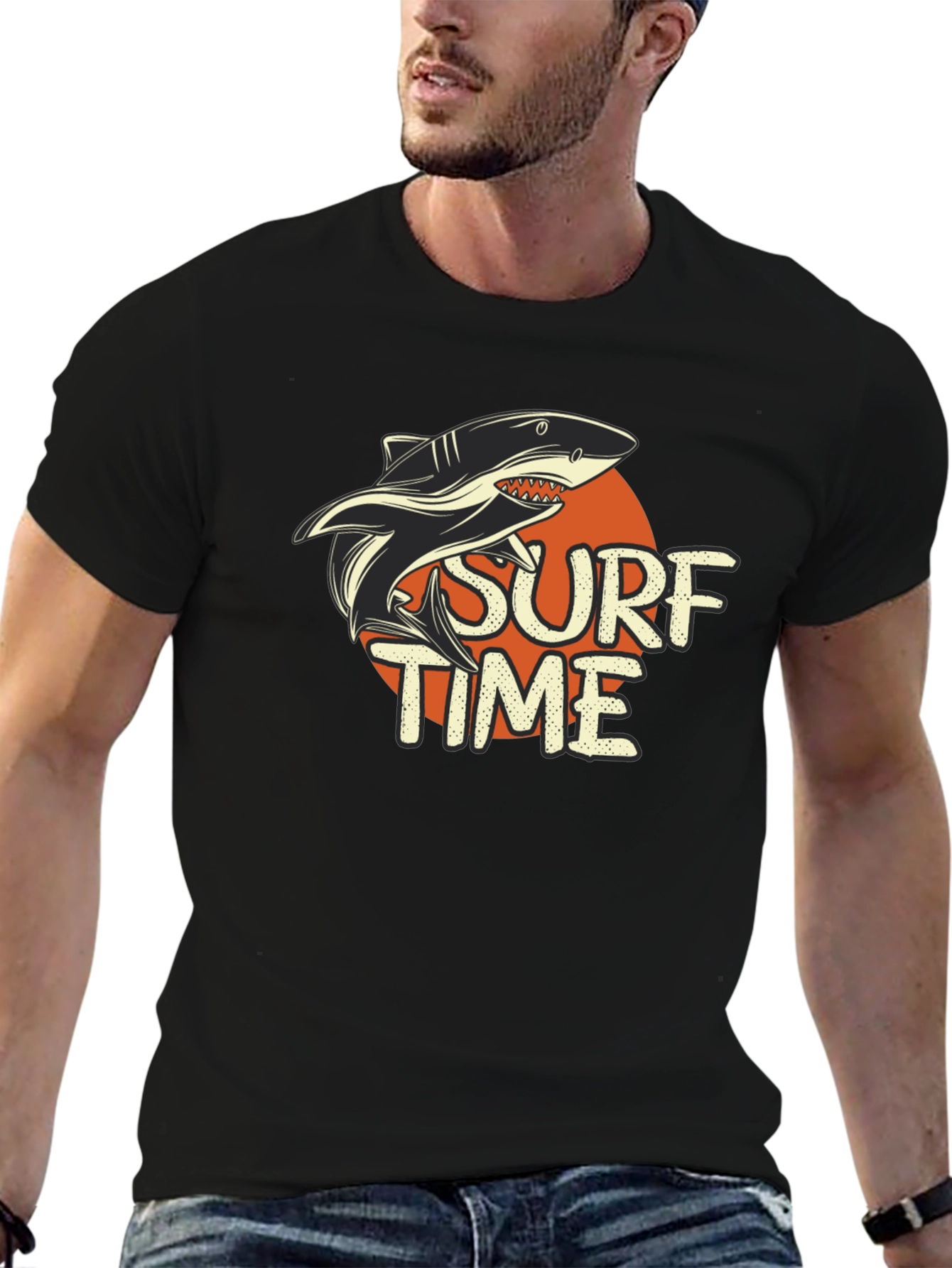 Surf Time Shark Graphic Tee - Black Cotton T-Shirt