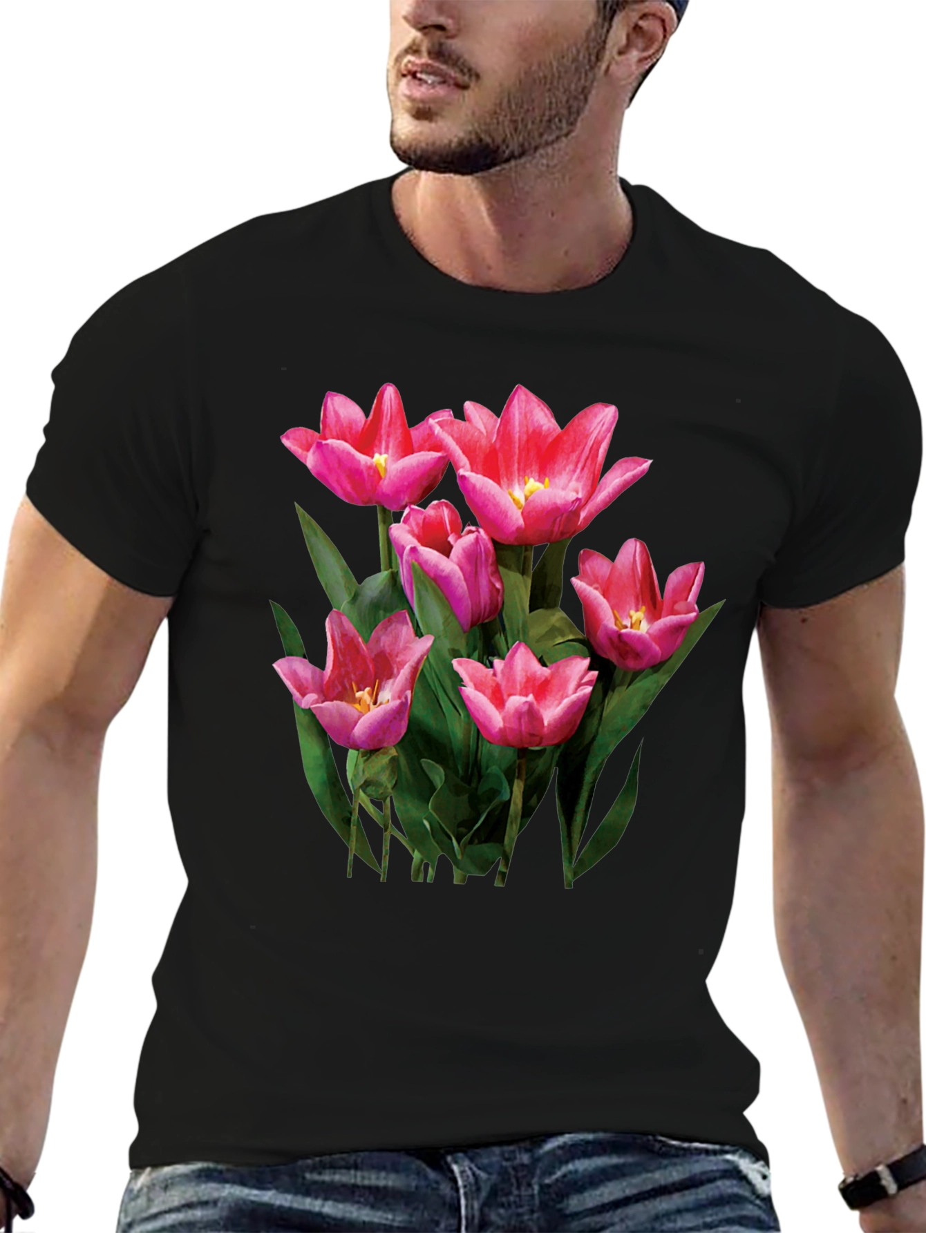Floral Tulip Graphic Tee - Black T-Shirt