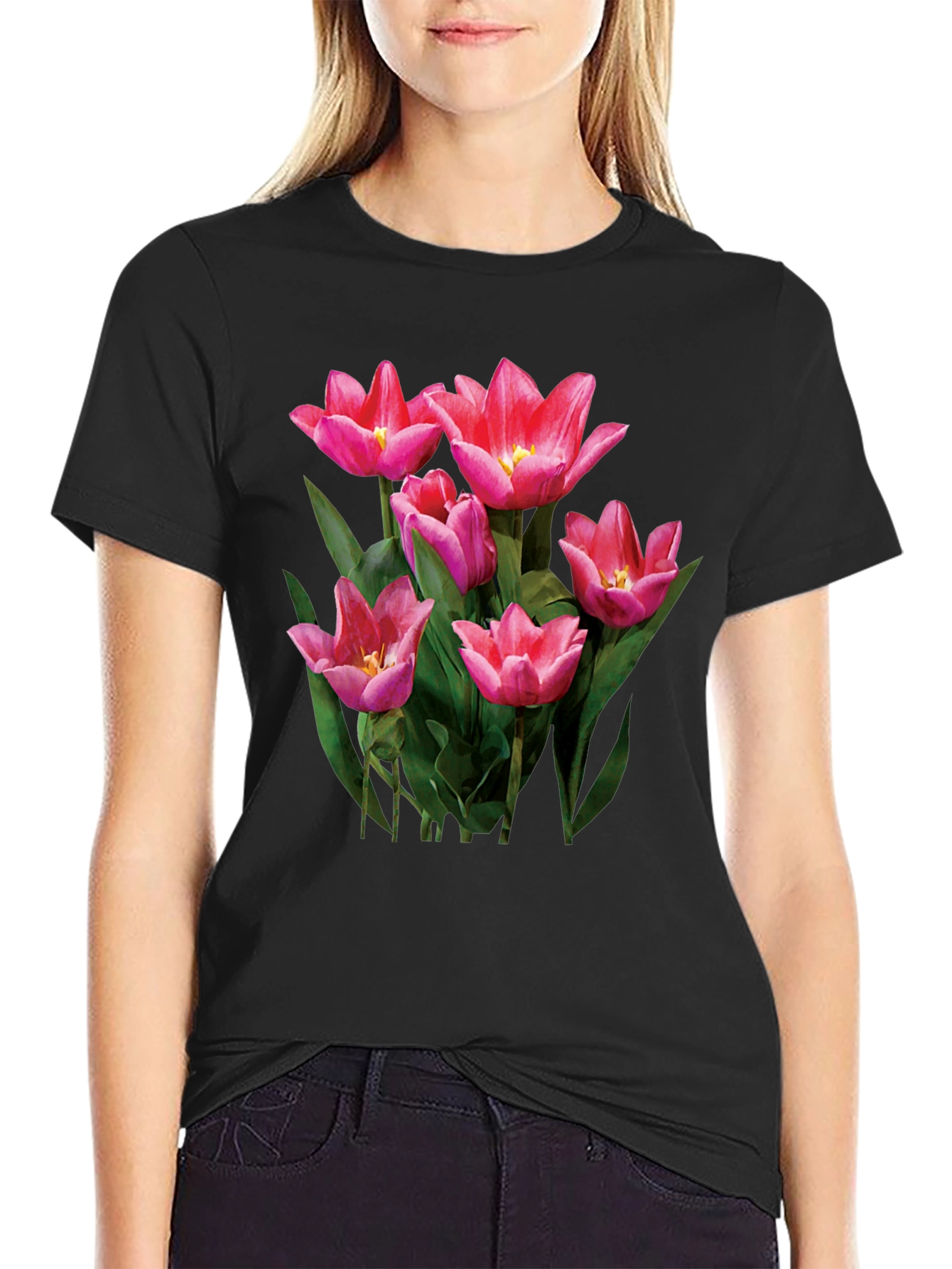Floral Tulip Graphic Tee - Black T-Shirt