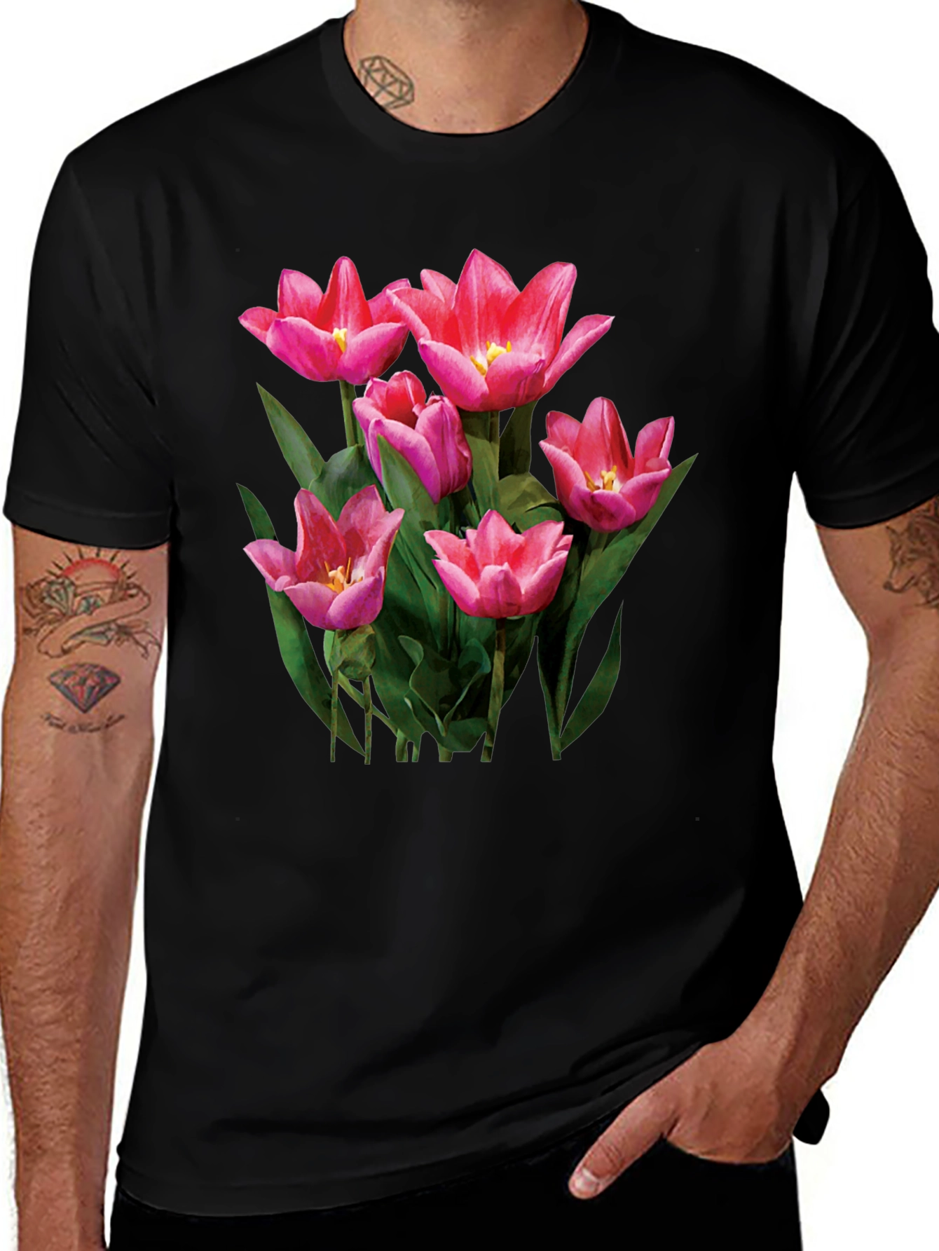 Floral Tulip Graphic Tee - Black T-Shirt