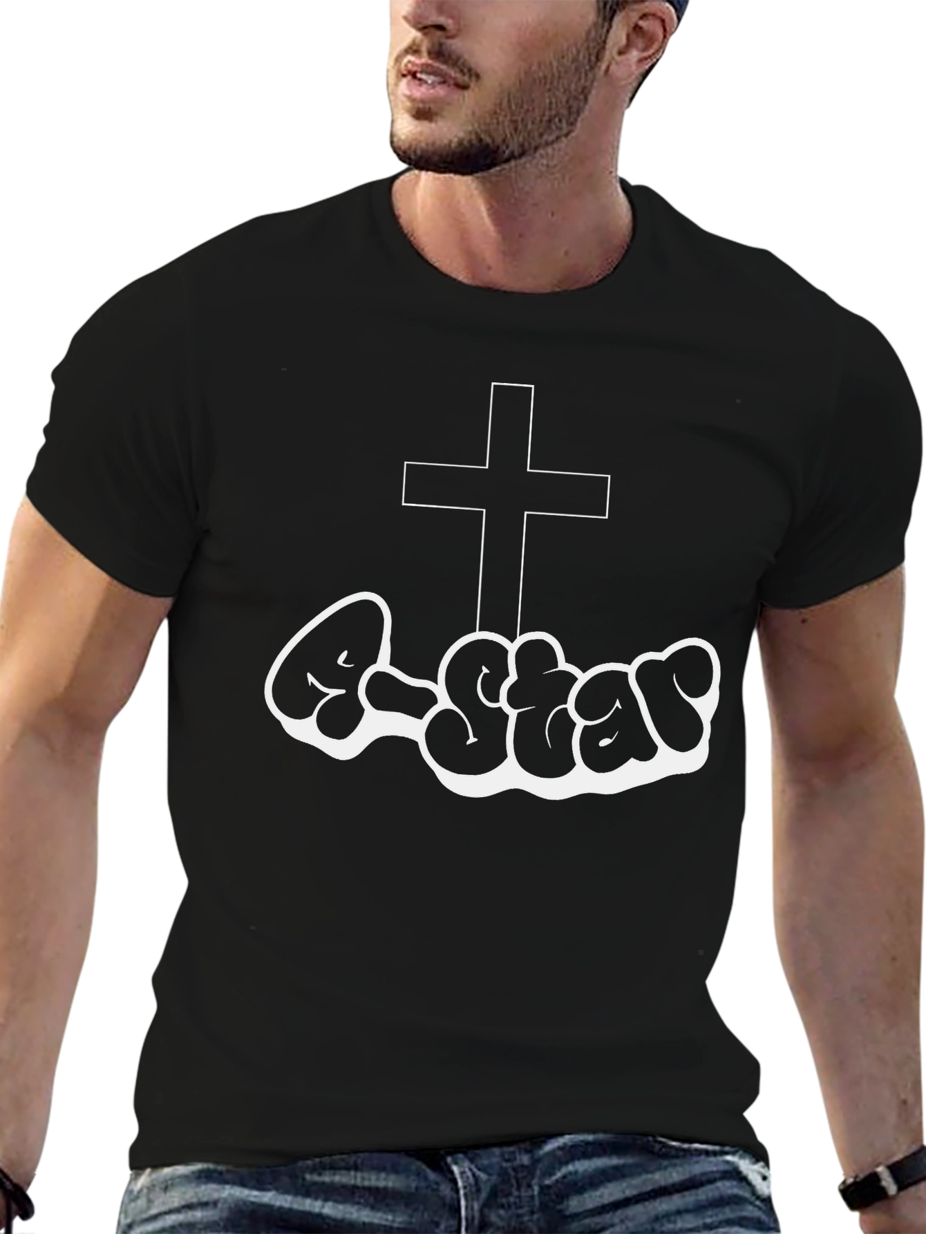 Christian Style Black T-Shirt with Cross and Graffiti
