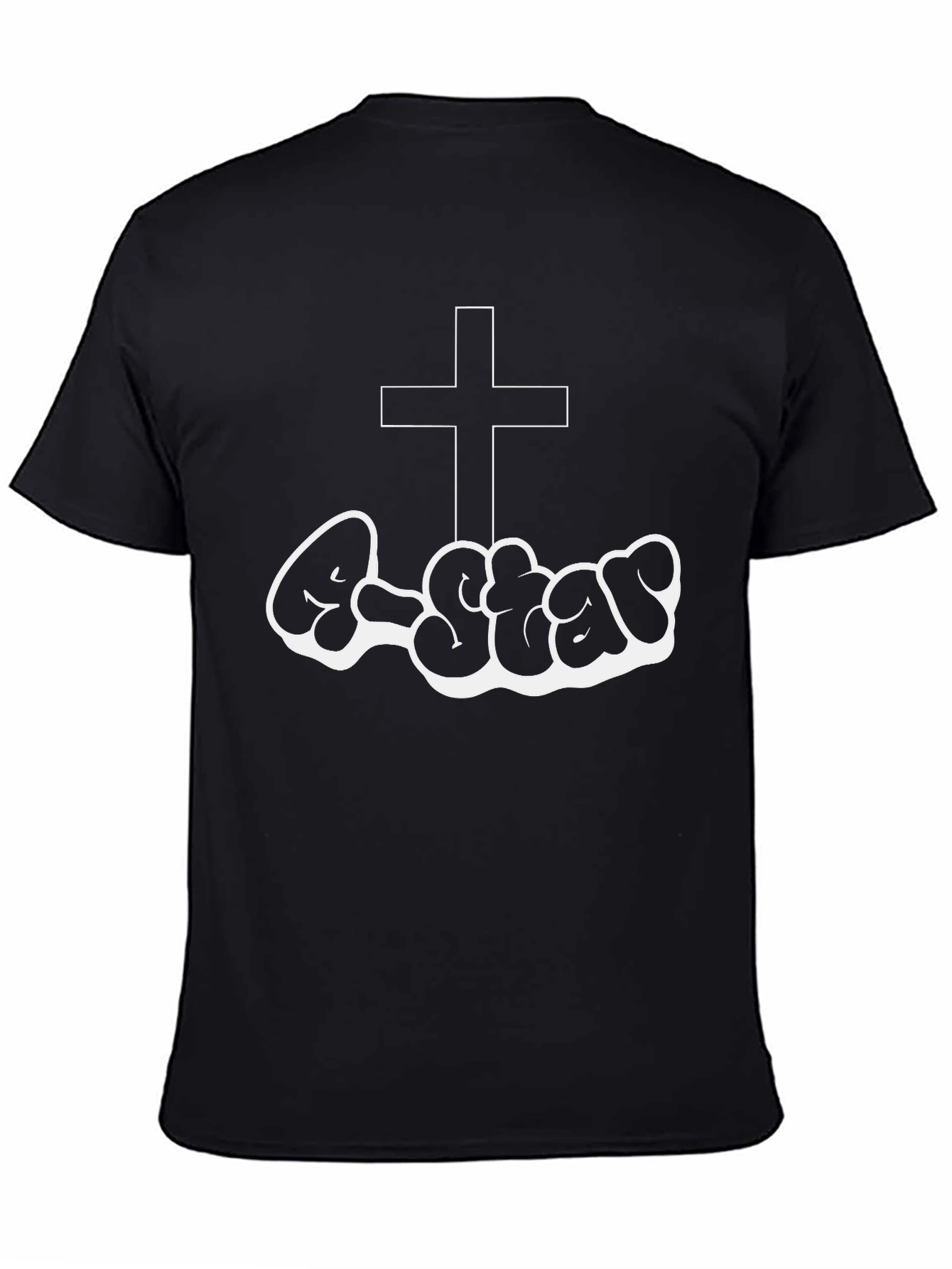 Christian Style Black T-Shirt with Cross and Graffiti