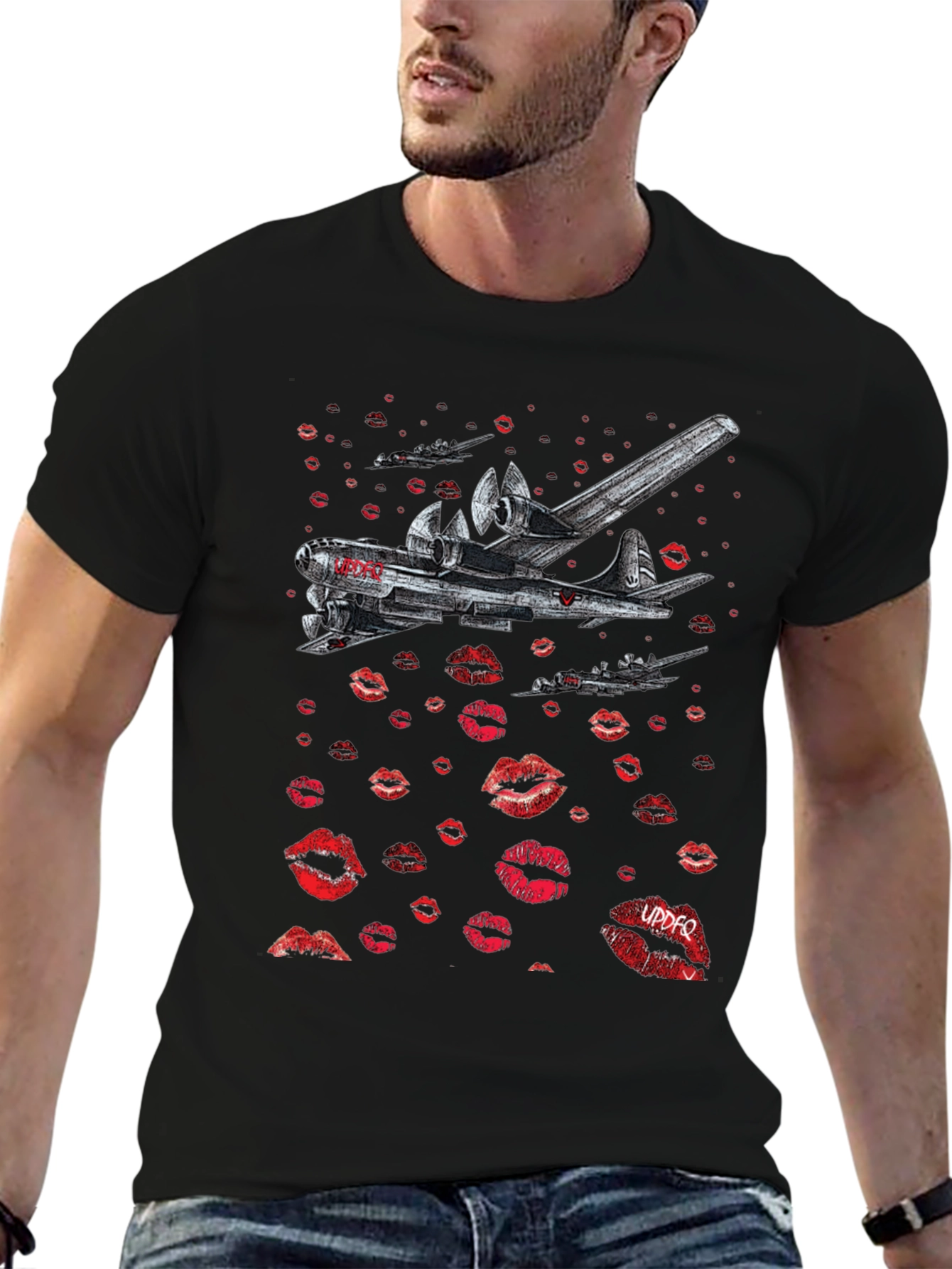 Bomber Plane Lips Print Graphic Tee - Unique Design