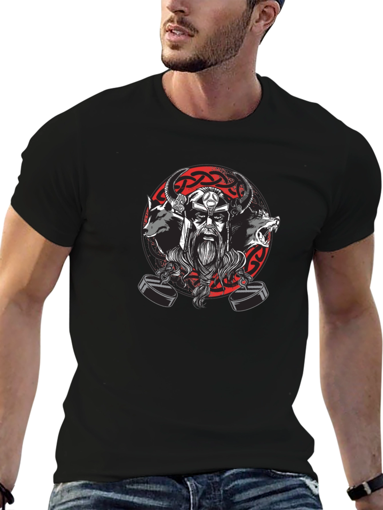 Viking Warrior Black T-Shirt with Wolves