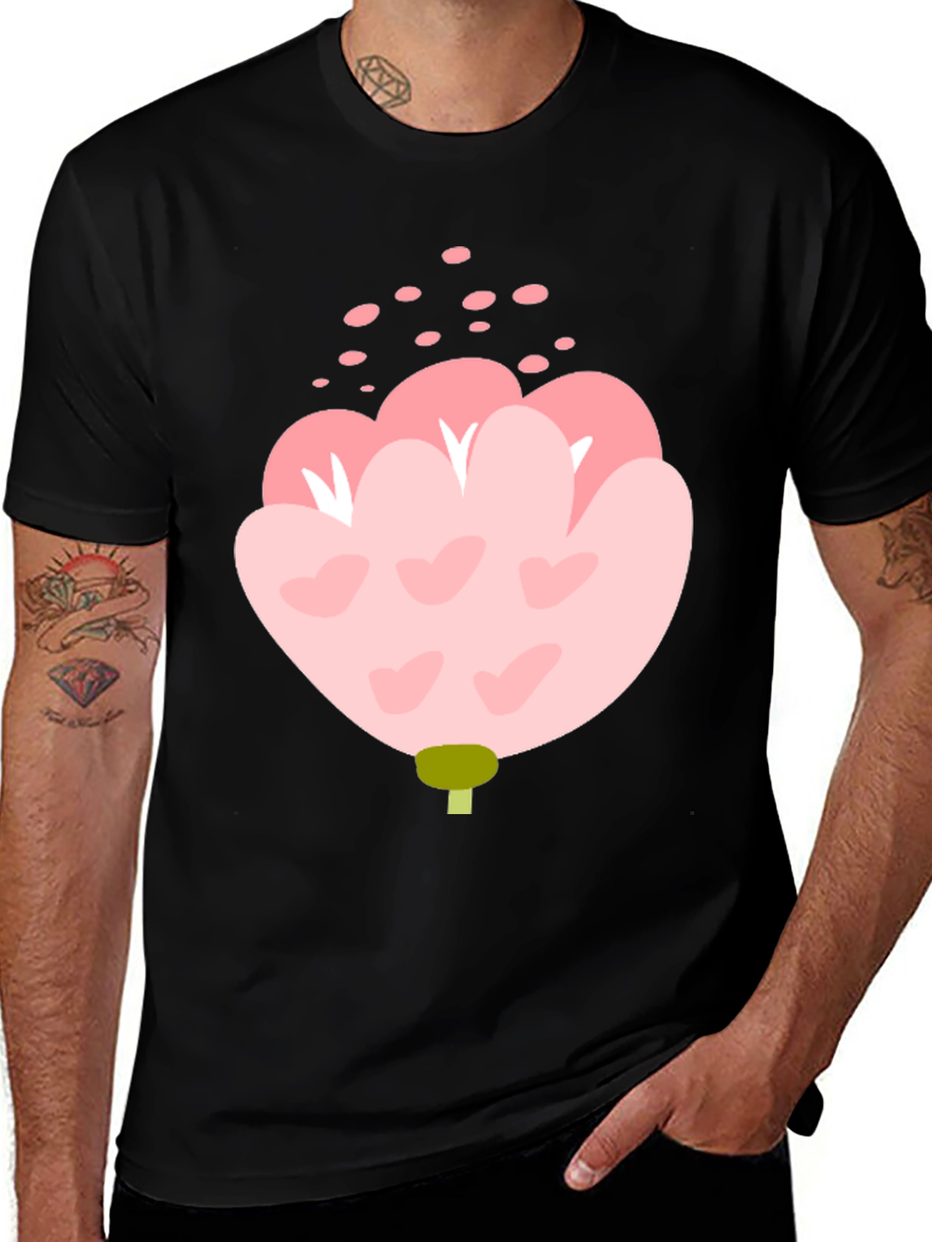 Pink Floral Graphic Tee - Black Cotton Blend