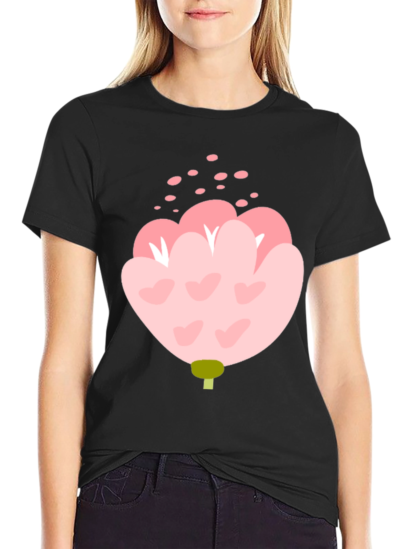 Pink Floral Graphic Tee - Black Cotton Blend