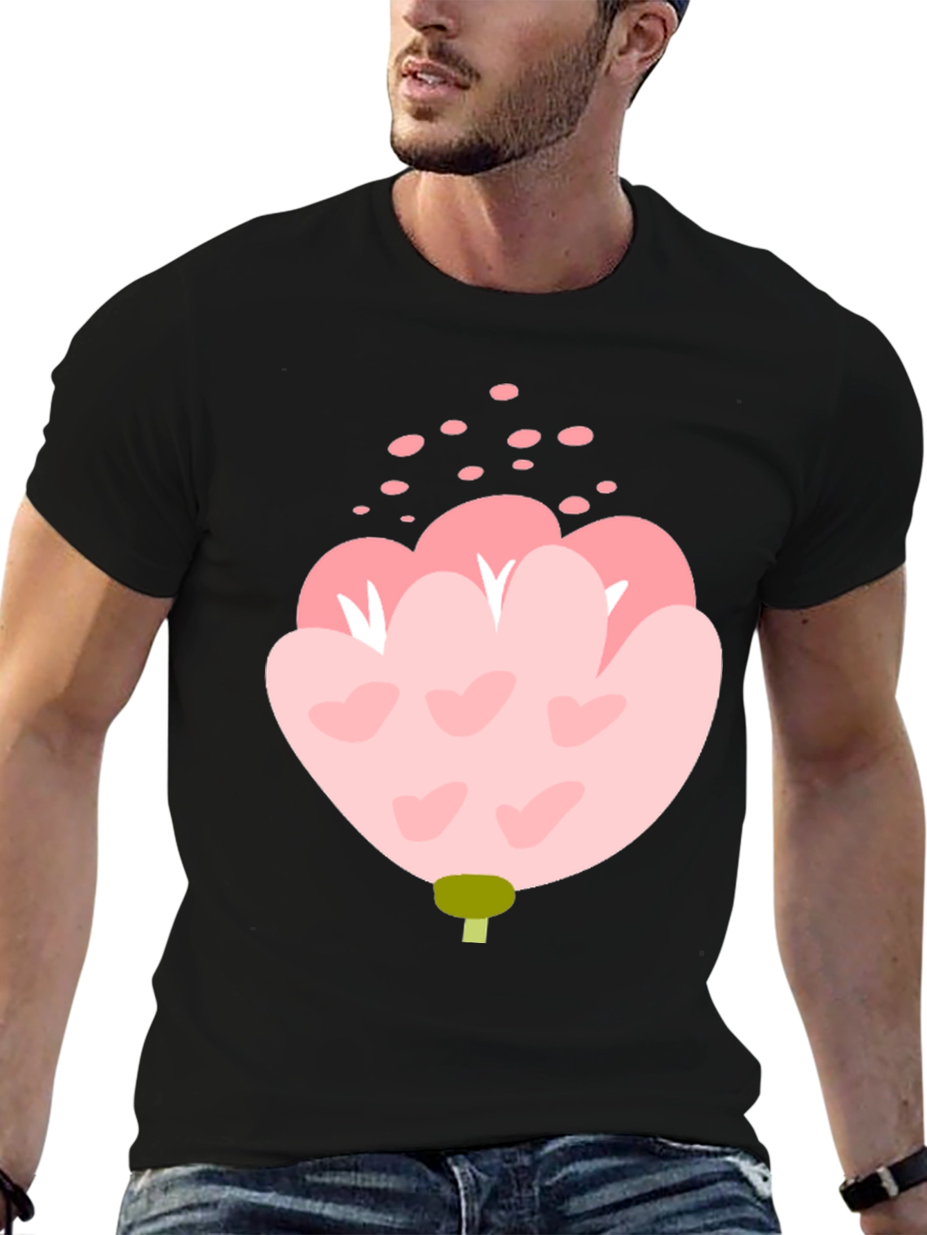 Pink Floral Graphic Tee - Black Cotton Blend