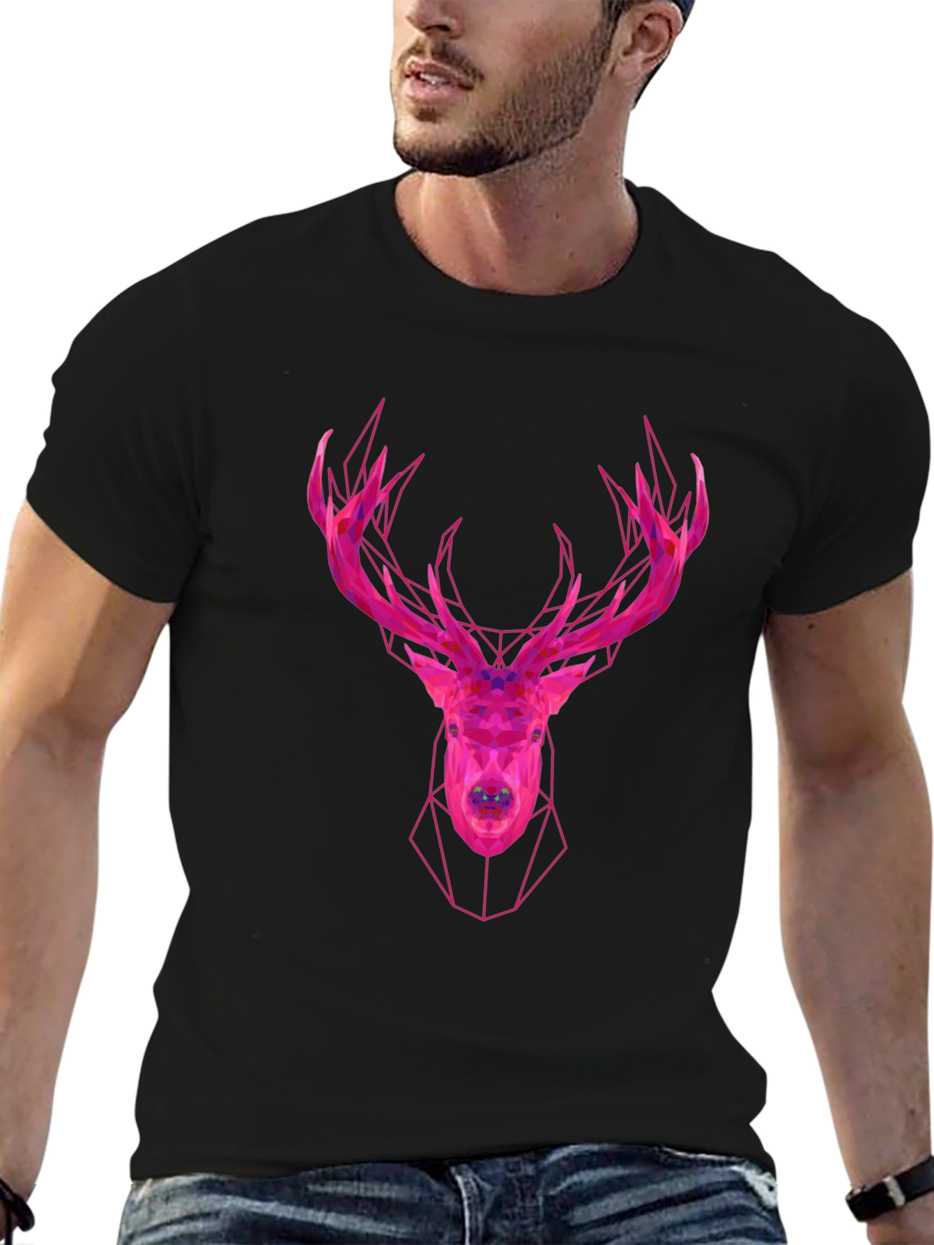 Geometric Deer Head Graphic Tee - Modern Style