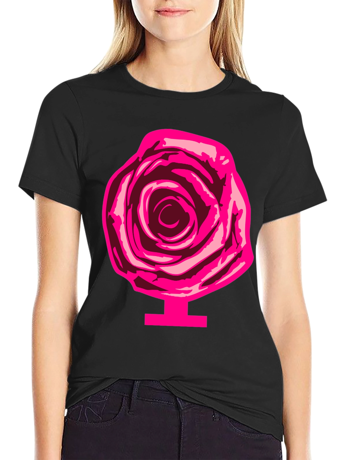 Rose Graphic Print Tee - Black Cotton Casual