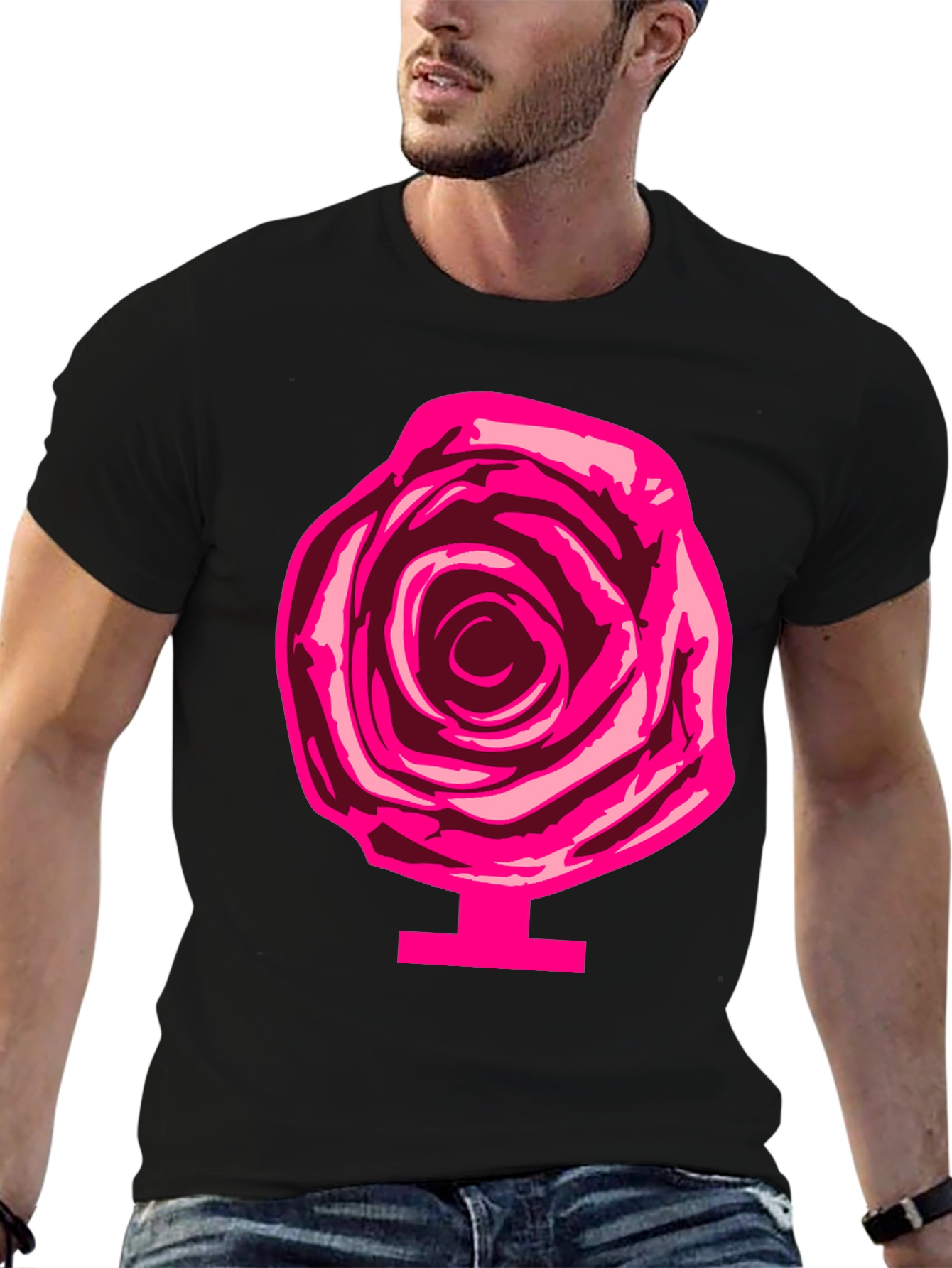 Rose Graphic Print Tee - Black Cotton Casual