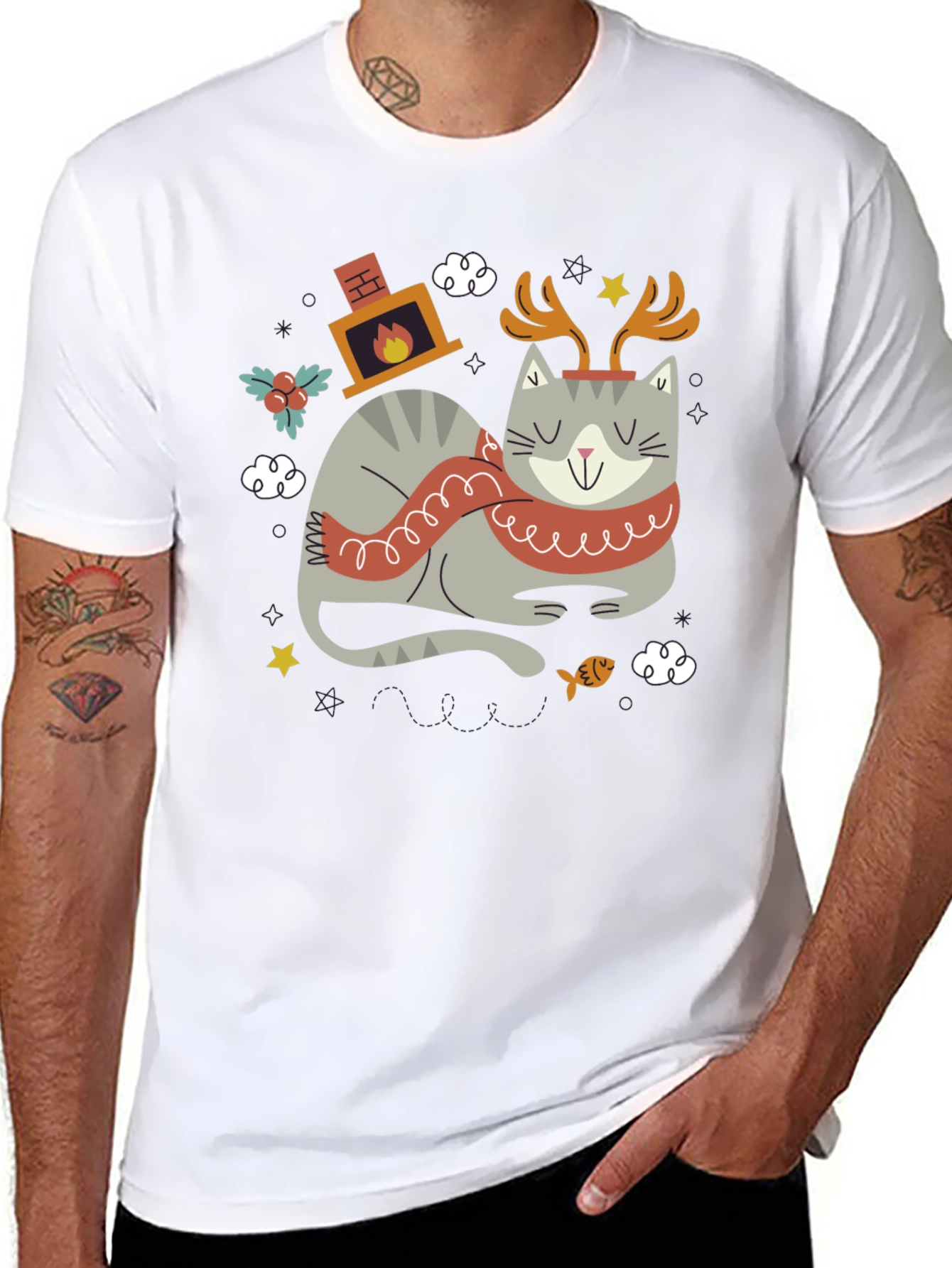 Festive Cat Graphic Tee - Holiday Cheer