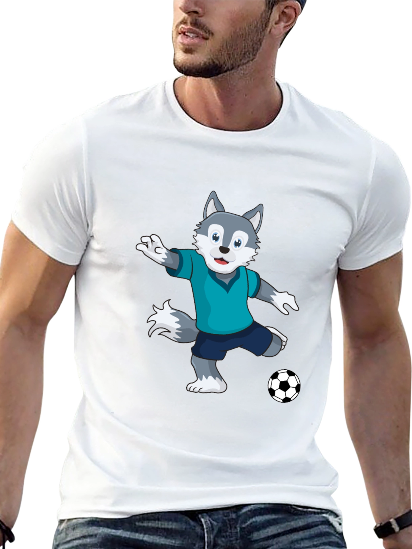 Cool Wolf Soccer Player Black T-Shirt