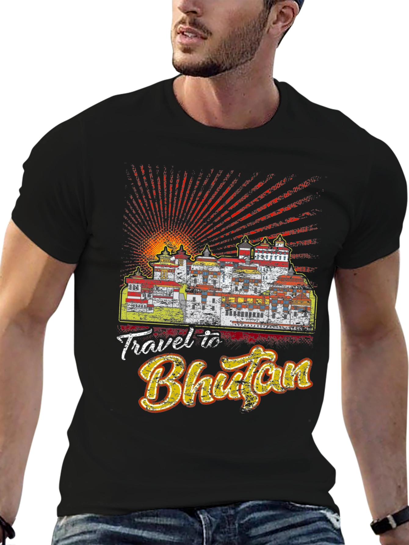 Travel Bhutan Graphic Tee - Mens Black T-Shirt