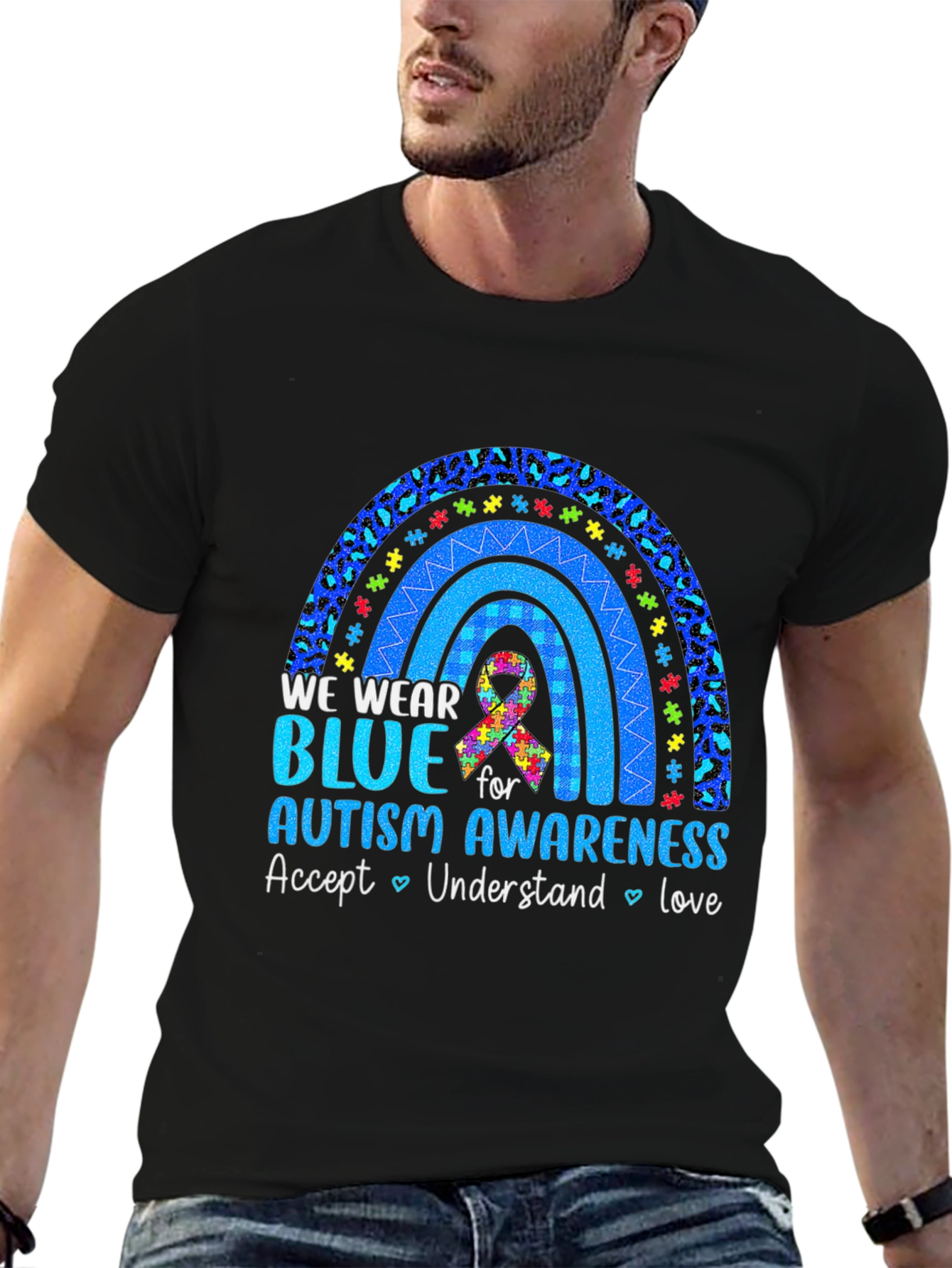Autism Awareness Blue Rainbow Graphic T-Shirt