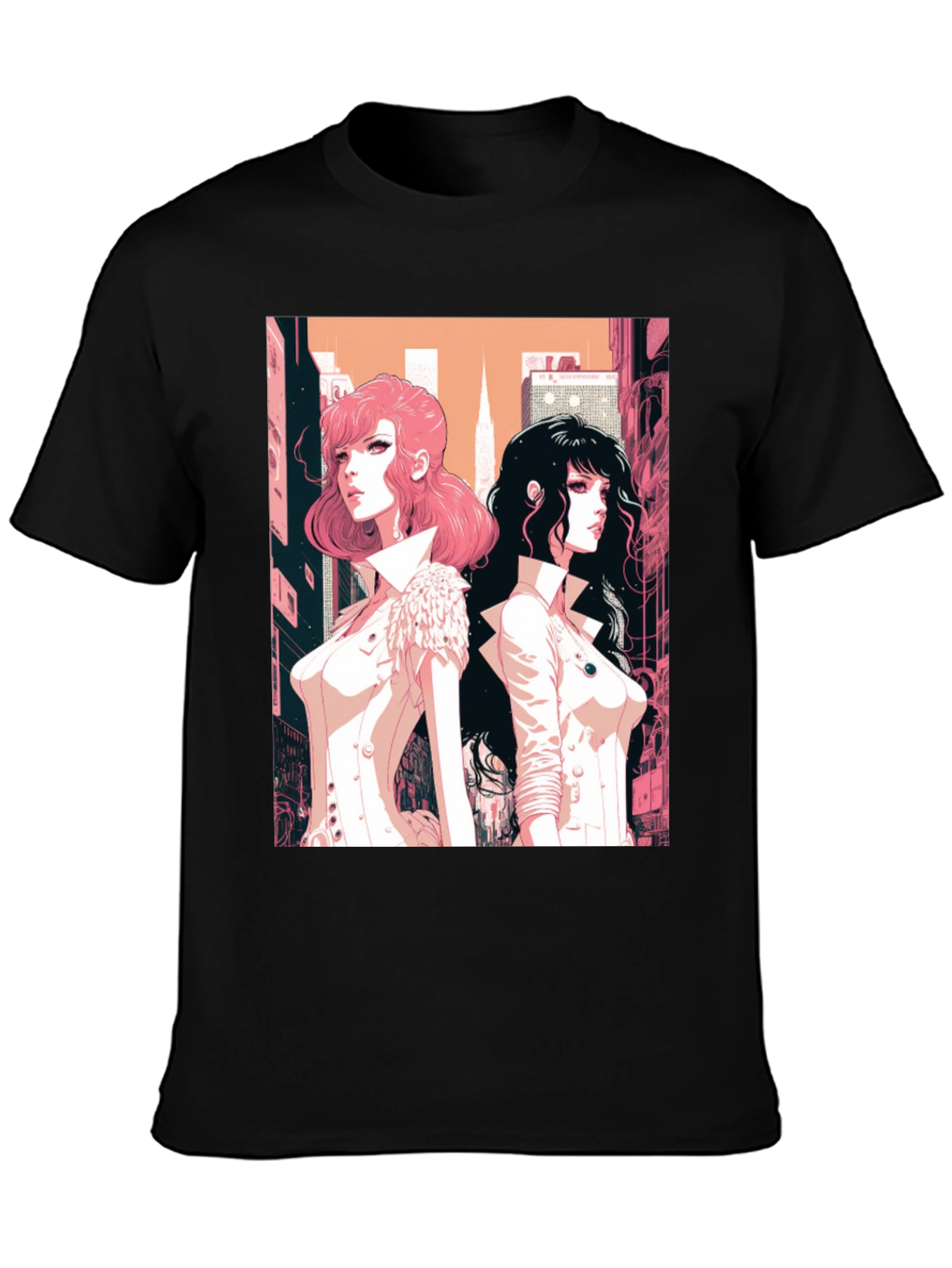 Anime Girls Graphic Tee - Black