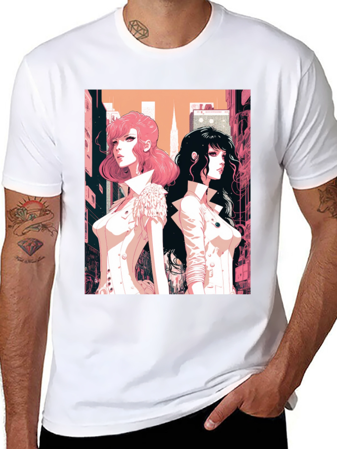 Anime Girls Graphic Tee - Black