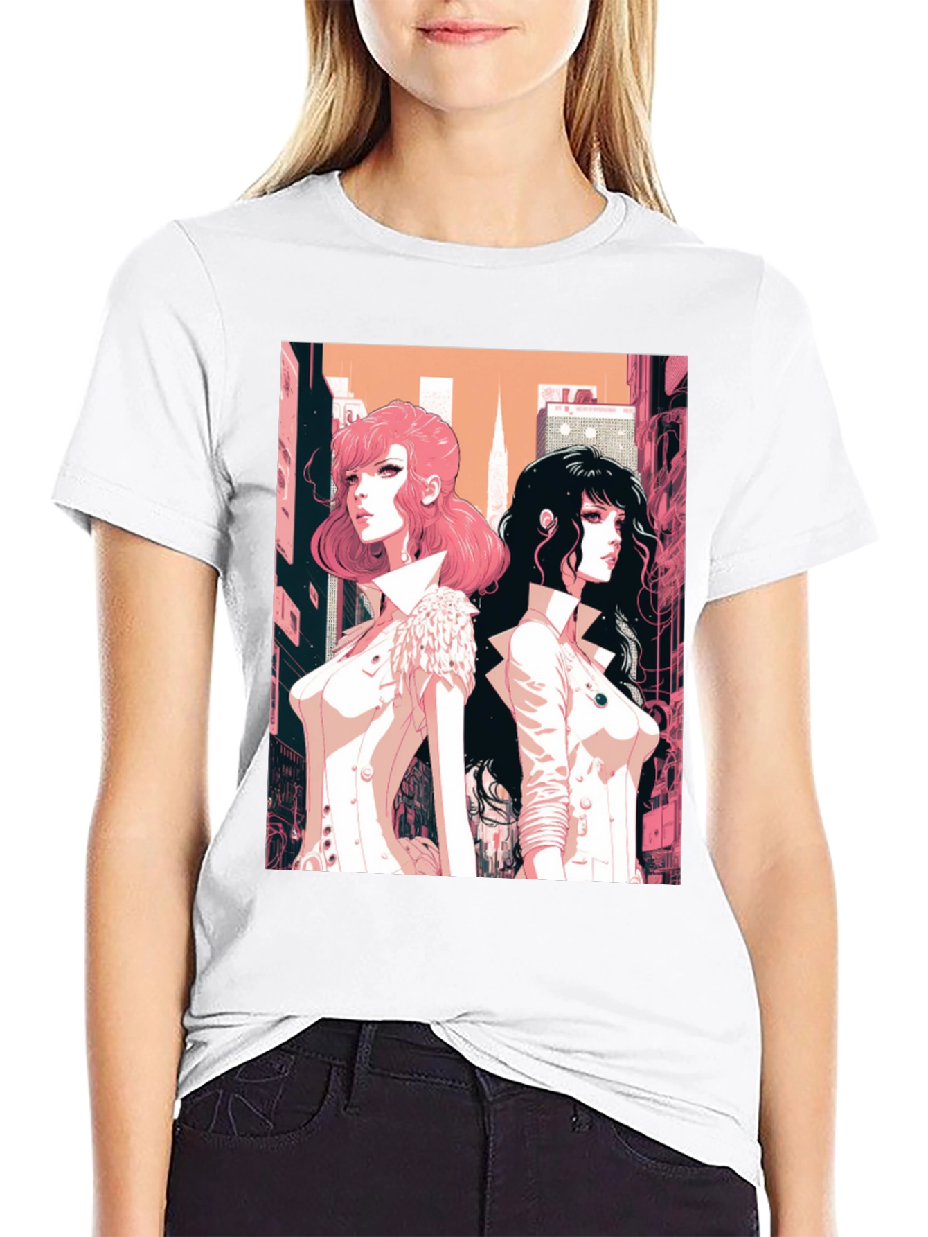 Anime Girls Graphic Tee - Black