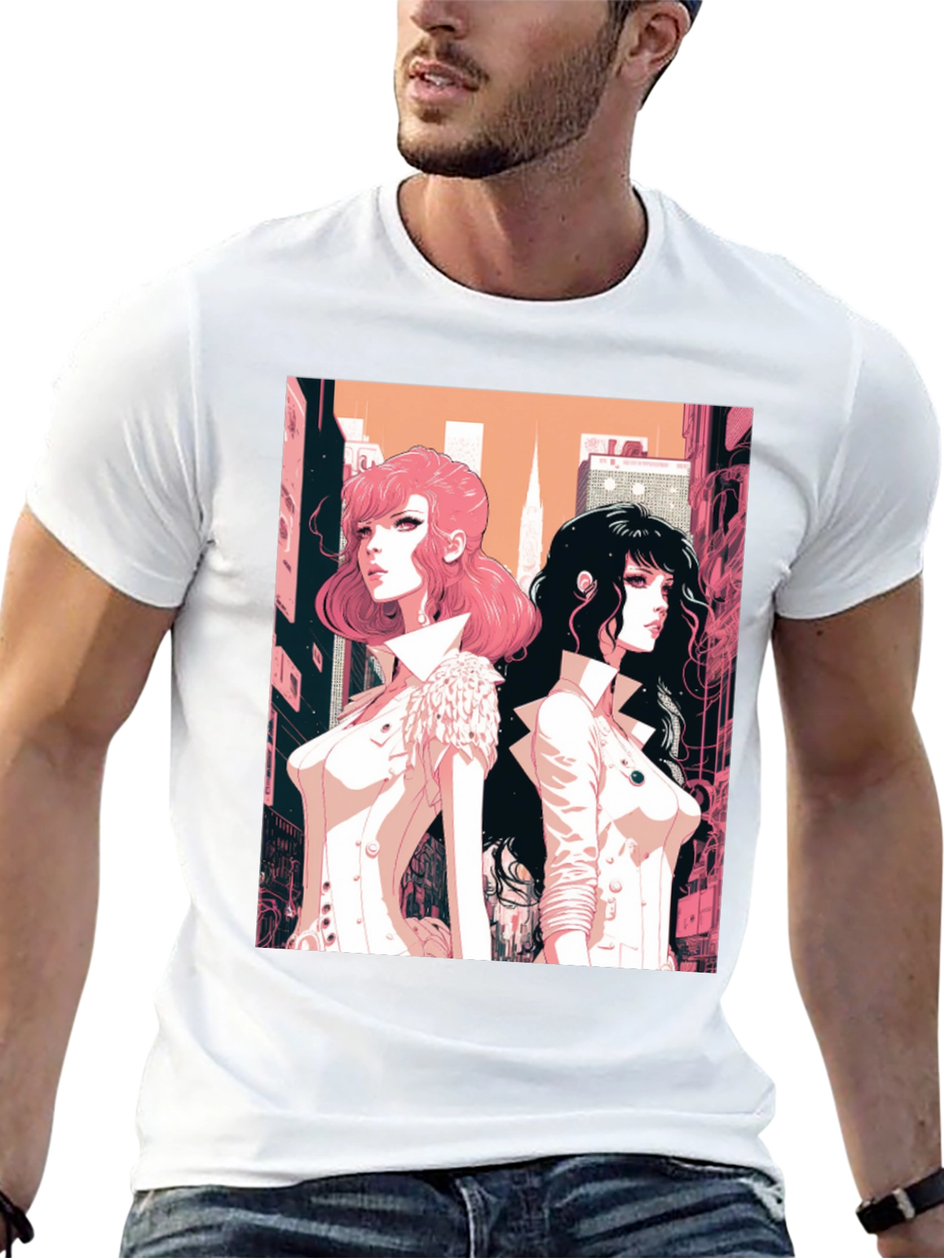 Anime Girls Graphic Tee - Black