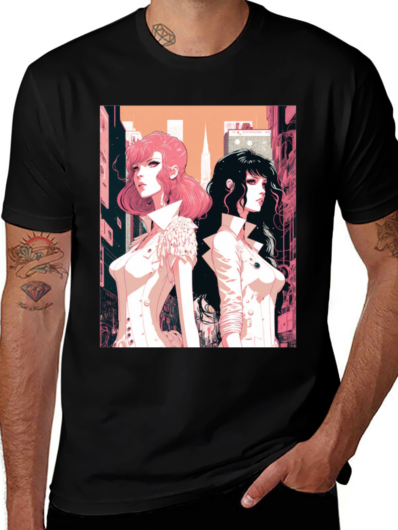 Anime Girls Graphic Tee - Black