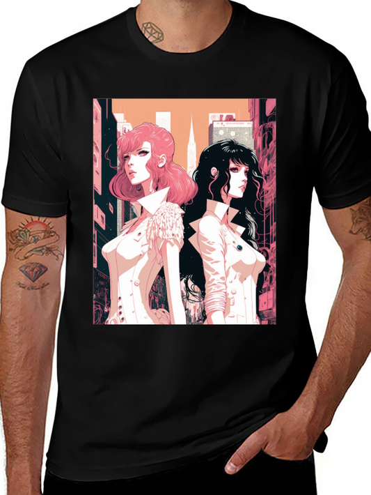 Anime Girls Graphic Tee - Black
